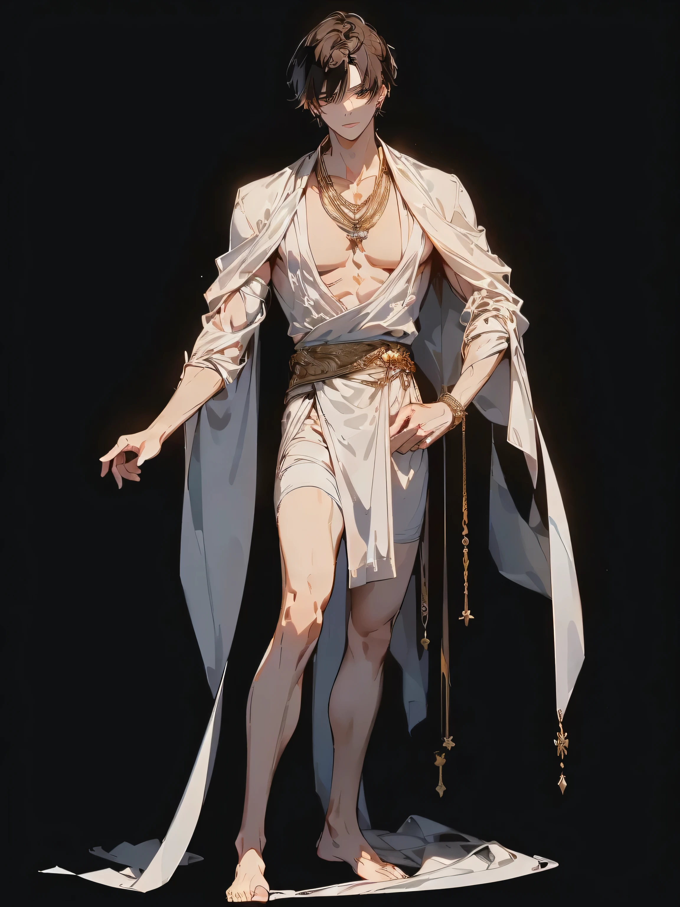 ((Very good quality，A masterpiece，Anime comic style，stand barefoot.Japanese art，Electrically drawn animation，Animation style live-action Full body portrait.high quality，Light transmission，Oriental handsome boy，Delicate and three-dimensional facial features，Hair is light and elegant，robust，Oriental charm，Wearing white Hanfu，Chest muscles，Abdominal muscles，Tattoos on body and legs，spotlight effect，Interlacing of light and shadow，8K resolution，Delicate light and shadow，elegant clothes，Full body portrait .Character&#39;s eyes dark brown sharp eyes，Hands spread handsomely.Bright dark brown hair with loose short hair combed back，Strong Abdominal muscles.Exposed domineering，gold necklace pendant.ring jewelry，White golden background.Formal, exquisite and luxurious transparent robe with silver shoulders，dramatic atmosphere，Modern style, classical and mysterious, elegant and quiet style of the image of the deity.Exquisite and luxurious majestic.Full body portrait