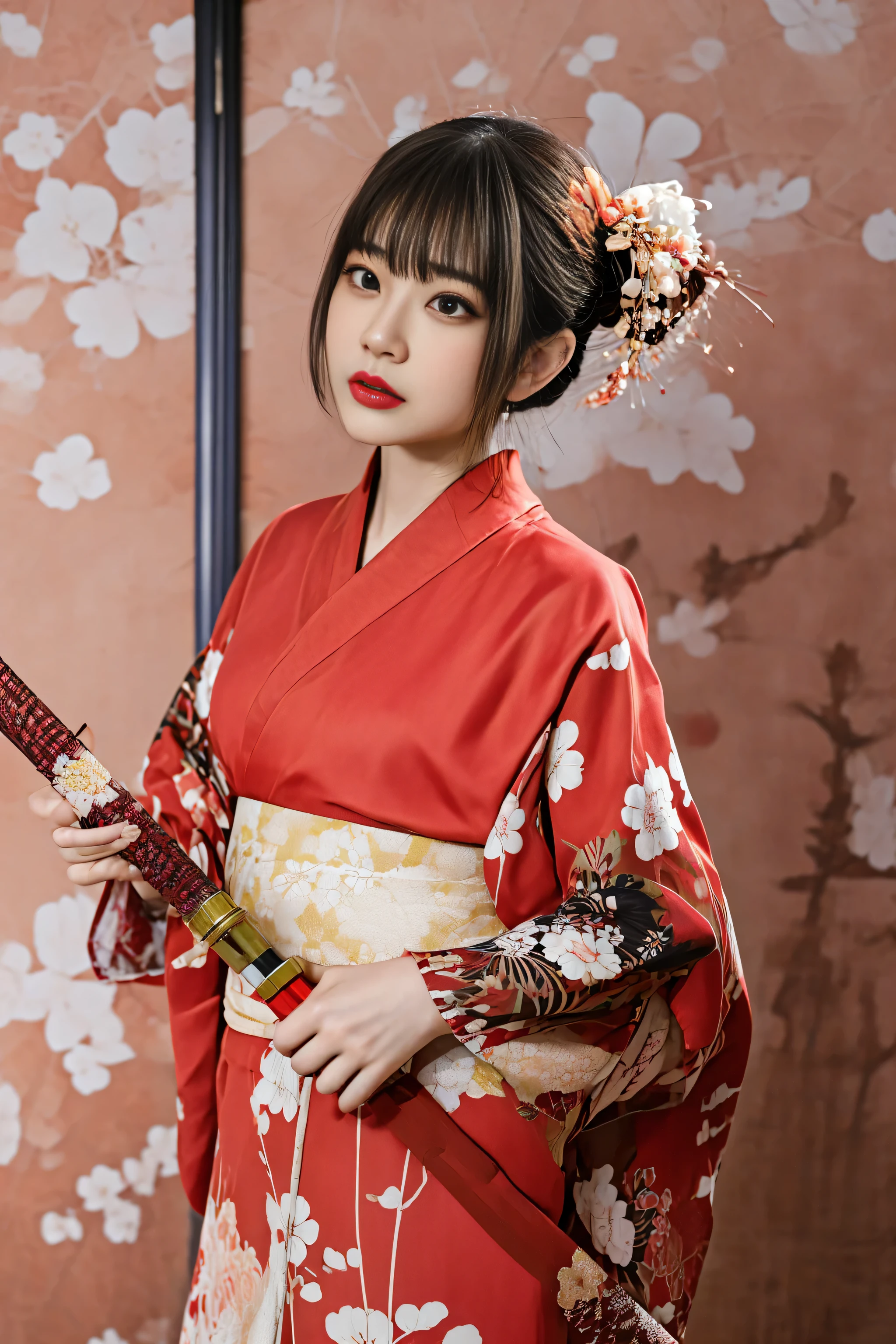there is a woman in a kimono holding a red and white umbrella, traditional japanese, red kimono, japanese kimono, japanese woman, japaneese style, in kimono, wearing kimono, of a youthful japanese girl, wearing a kimono, geisha photo portrait, red kimono with flower patterns, japanese goddess, wearing a haori, traditional geisha clothing, japanese geisha