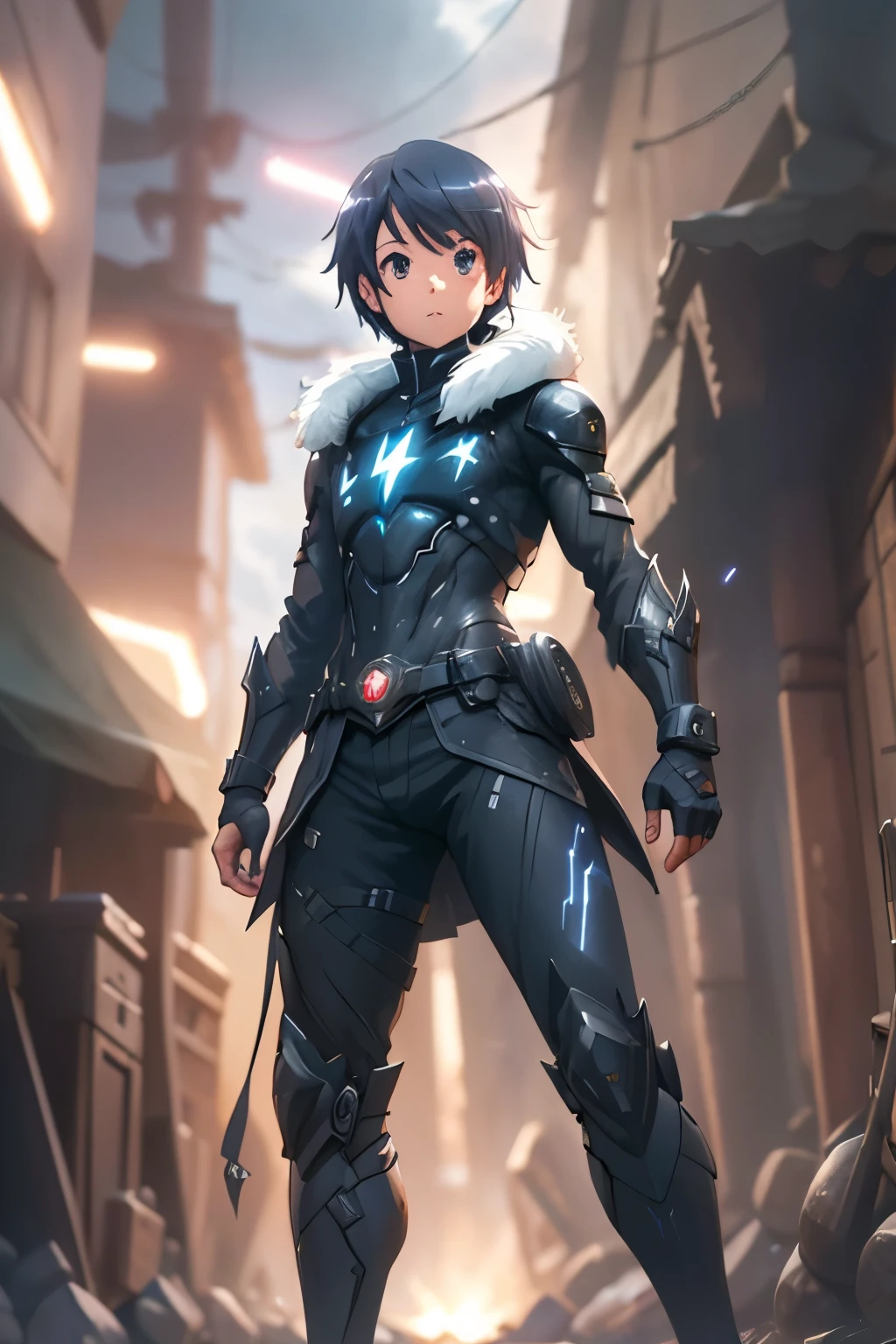 (best quality,highres:1.2), detailed fantasy art, serious expression, robot-like eyes, fighting stance, mochizuki touya, isekai ea smartphone to tomo ni, in another world whit my smartphone, el cabello es negro, los ojos son de robot, detailed fantasy art, postura de lucha, cuerpo completo, red lens flare, It&#39;s night and there is black lightning in the sky