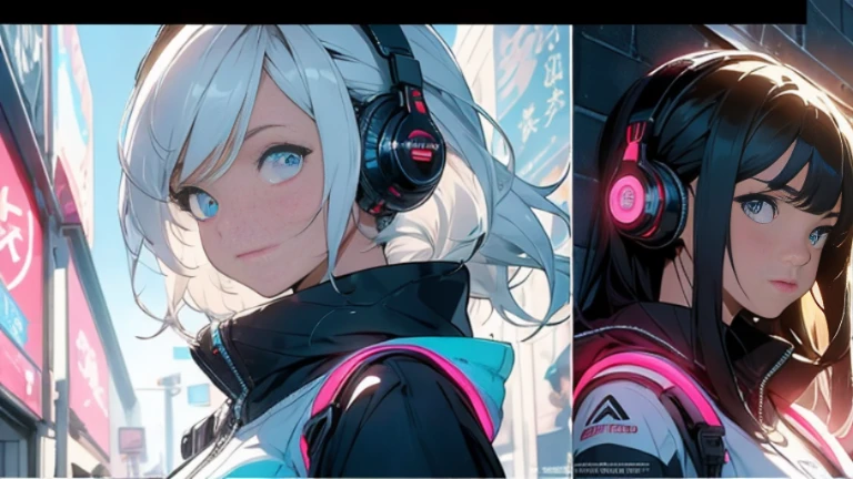 Multiple Views of the same character,Charterner v2, One girl, Slender figure, (Headphones),Brown Hair, Long Hair, blue eyes, same clothes, Concept Art, detailed_face, line_sketch, plan, Official Art, Official Alternative Costumes, Design style, multi style, detailed character, 4_~ side, original, 8K GC, massive detailed, Multiple Views of the same character, character, technical illustration, Multiple Views,masterpiece,highest quality(masterpiece, highest quality), 32k,(非常にdetailedな美しい女性), Poster,SF,Bauhaus, shape, Abstract,movie Poster, Vintage,Retro,Future Anime,The ultimate map,highlight,Headphones,Very detailed glowing eyes,Cleavage,Complex patterns,stylish hairstyle,fluorescence((White clothes)),Starry Sky,cyber punk