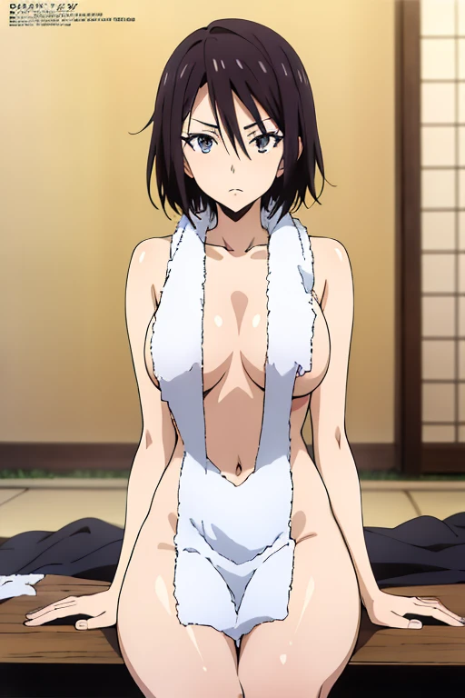 [anime styled],[official art],Tomomi_saikyou,black hair,Short hair,Hair Ribbon,classroom,NSFW,1girl in,solo,(Portrait),close up,short torso,Perfect Lighting,nude,topless,(erect nipples:1.3),,anime screen cap,Flat color,cel shading,smile,, (underwear:1.2), (strong light)、((brighten the subject)),blush,oily skin,(lite green panties),relax