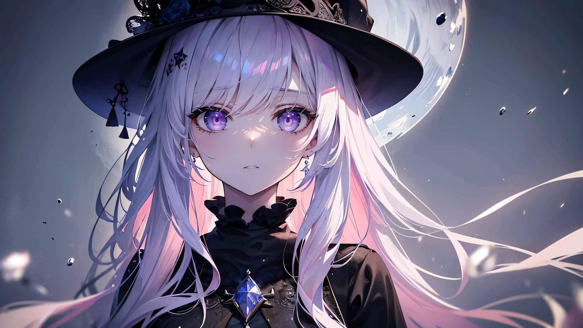 (masterpiece,best quality,ultra-detailed),1girl,pink hair,pink witch hat,(pale skin),beautiful and detailed face, detailed eyes,looking at viewer,,((grey theme),((depression, sadness, melancholy)),tired expression,sad,watery eyes, swollen eyelids