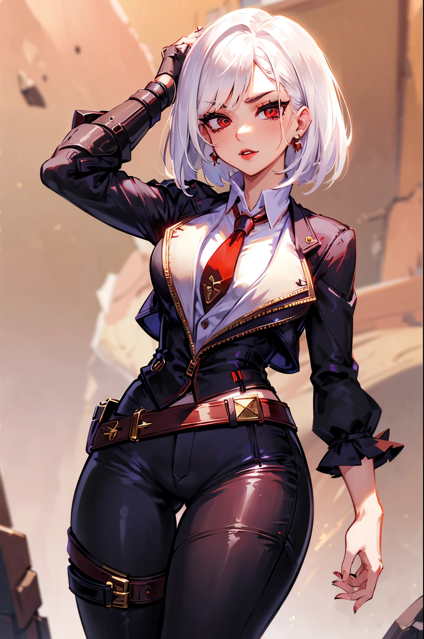 (masterpiece, best quality:1.2), expressive eyes, perfect face, highres, 1girl, solo, AsheOver, mole, earrings, red eyes, white hair,  medium hair, jewelry, makeup, lipstick, necktie, red necktie, thigh strap, black gloves, belt, stud earrings, red lips, shirt, pants, lips, eyeshadow, standing, upper body, looking at the viewer