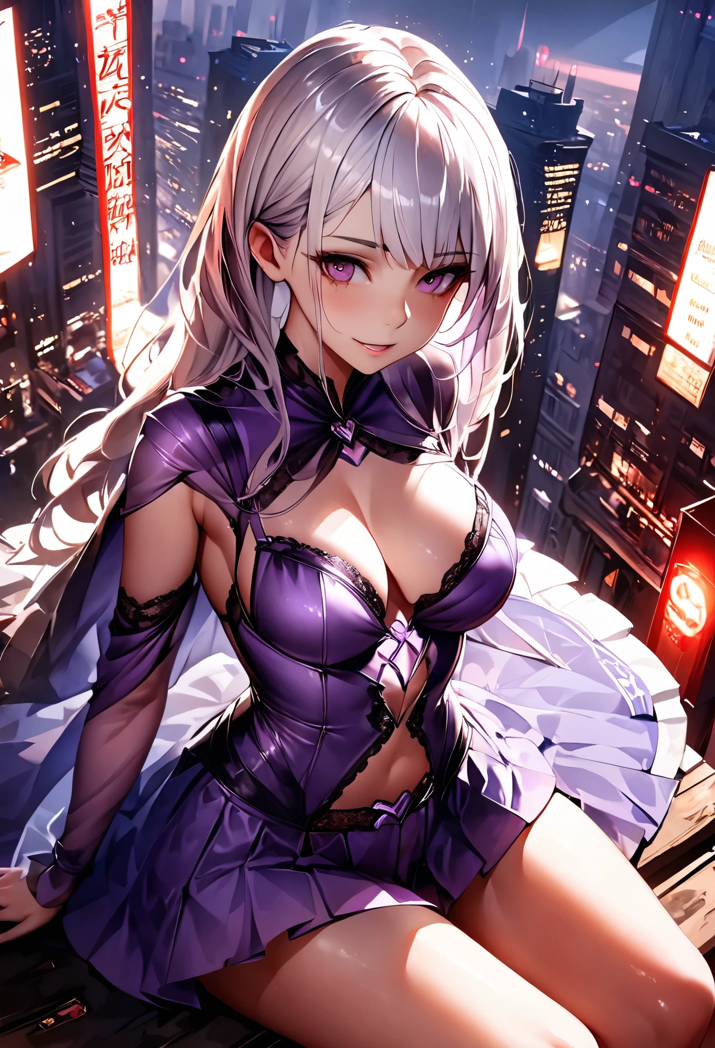 (Metersuste piece:1.3)、(8k、Realistic、RAW Photos、highest quality: 1.4)、(alone)、16 year old feMetersale of Anglo-Saxon descent、Looking at the caMetersera froMeters below、Beautiful Face、Beautiful face with perfect syMetersMetersetry、Cute face、wonderful sMetersile、(Beautiful silver hairのBobcut)、beautiful purple eyes、perfect anatoMetersy、(Skin with attention to detail: 1.2)、Big and precise breasts、Overflowing cleavage、Beautiful thighs、A woMetersan sitting on a bench with a knife、Beautiful silver hair、Bobcut、Crossed bangs、asyMetersMetersetrical bangs、Intense purple eyes、perfect anatoMetersy、very Metersysterious sMetersile、Charm、超High resolution、Ultra-realistic、extreMetersely detailed、Golden Ratio、Inspired by Shirow MasaMetersune、Metersechanical arMetersor girl、Wearing golden Metersetallic arMetersor、Decorative sword、Realisticなアニメの女の子のレンダリング、Realistic aniMeterse 3D style、Epic battle fantasy Natalie、rogue aniMeterse girl、Bad pose、Big city where you can see the sun setting at 6pm.Meters.、red sunset clouds、Luggage carrying vehicle、Confused、High resolution、Ultra Sharp、8k、Metersasterpiece、View the viewer、