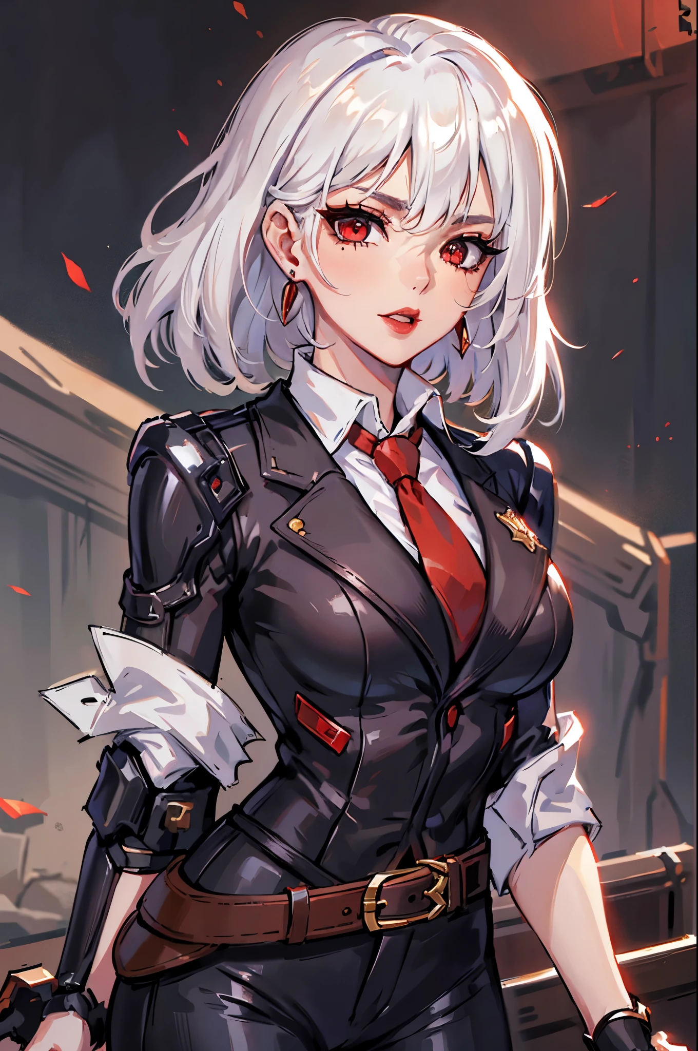 (masterpiece, best quality:1.2), expressive eyes, perfect face, highres, 1girl, solo, AsheOver, mole, earrings, red eyes, white hair,  medium hair, jewelry, makeup, lipstick, necktie, red necktie, thigh strap, black gloves, belt, stud earrings, red lips, shirt, pants, lips, eyeshadow, standing, upper body, looking at the viewer