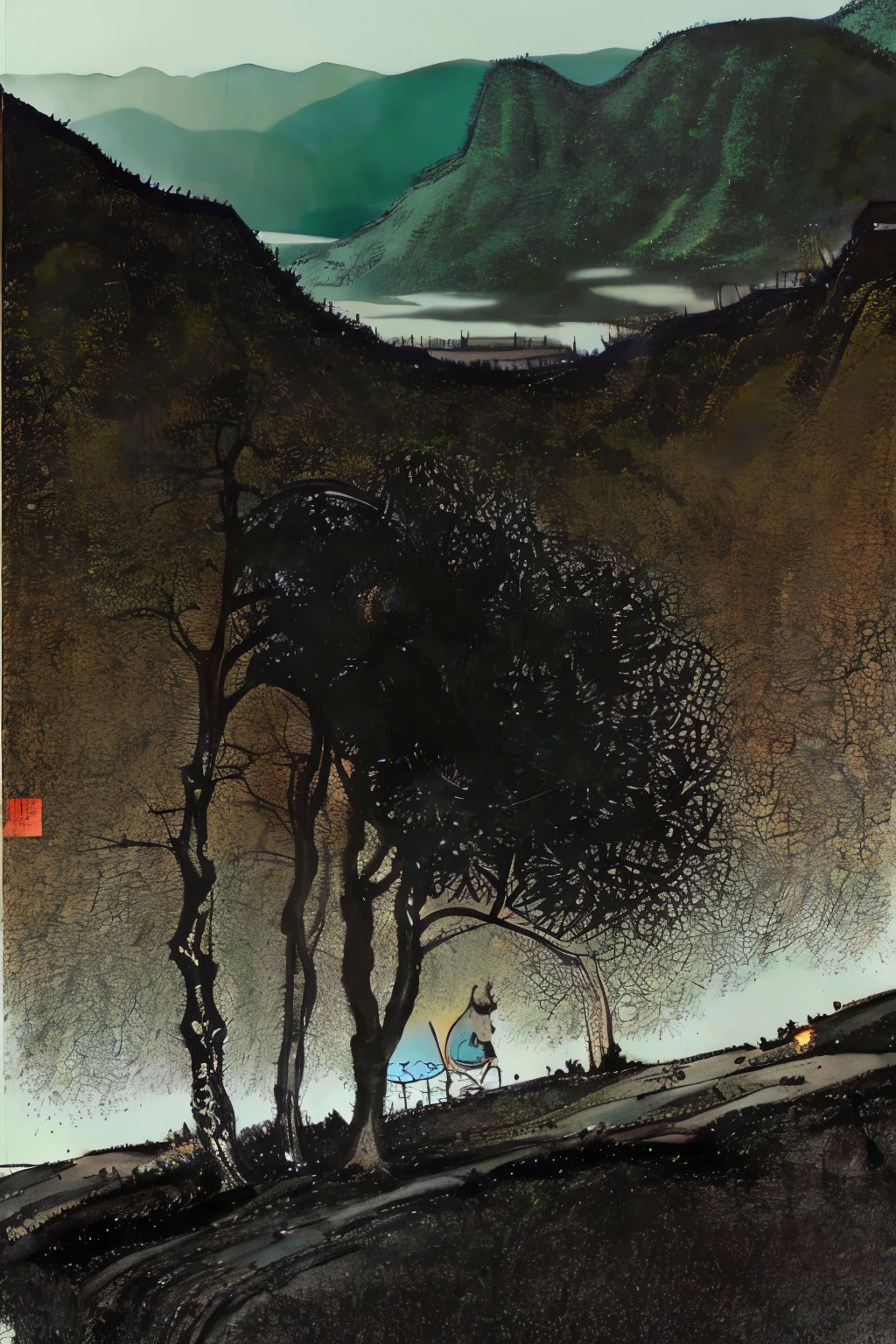 maker a drawing in pencil sketch style of a faraway person on a cliff looking out to a dark city but make the ??? have a colorfoul aura emit from his head