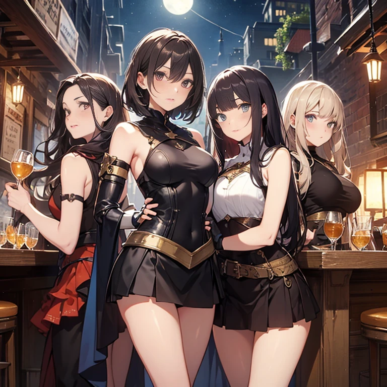 A group of female medieval fantasy adventurers, (in tavern), various hair styles, harem, night, details face, short skirt, seducing, sleeveless, armor, midriff