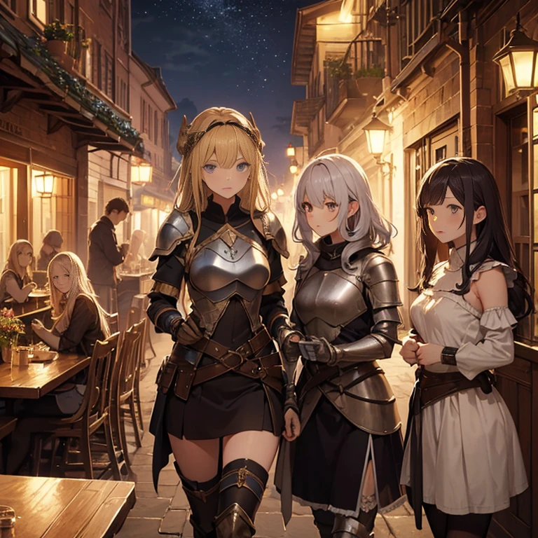 A group of  female medieval fantasy adventurers, (in tavern), various hair styles, harem, night, details face, short skirt, seducing, sleeveless, armor 