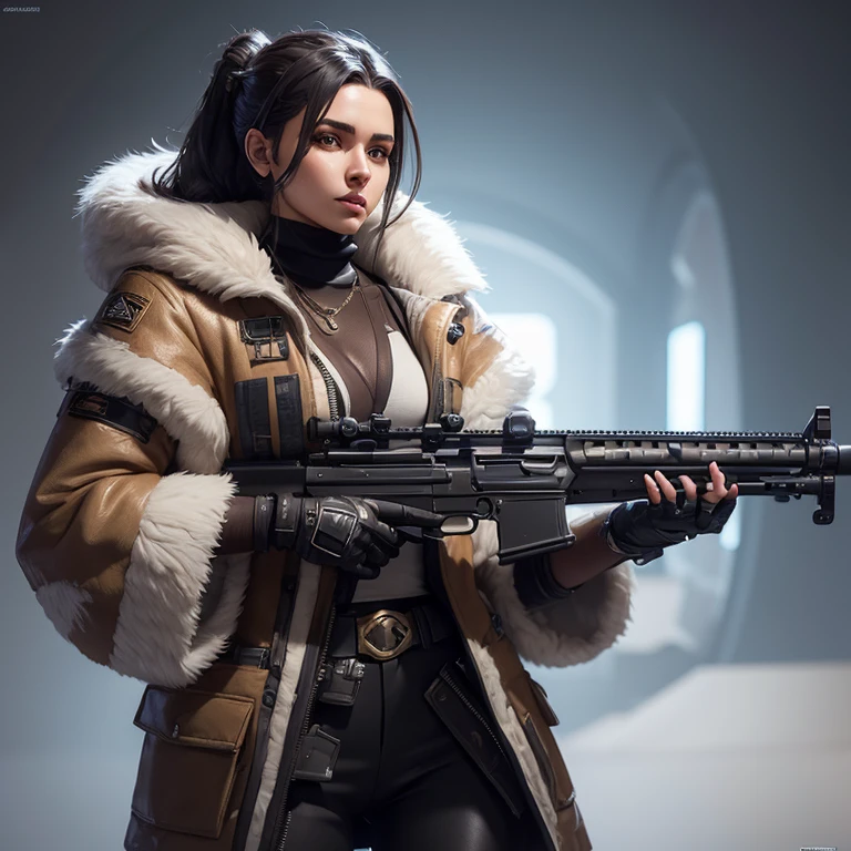 In a futuristic world, a young woman in a luxurious fur coat, tightly holding a powerful rifle in her hands. This concept art from Senior Character Artist brings Loba Andrade from Apex Legends to life, combining advanced technology and human resilience into a symphony of power and style.