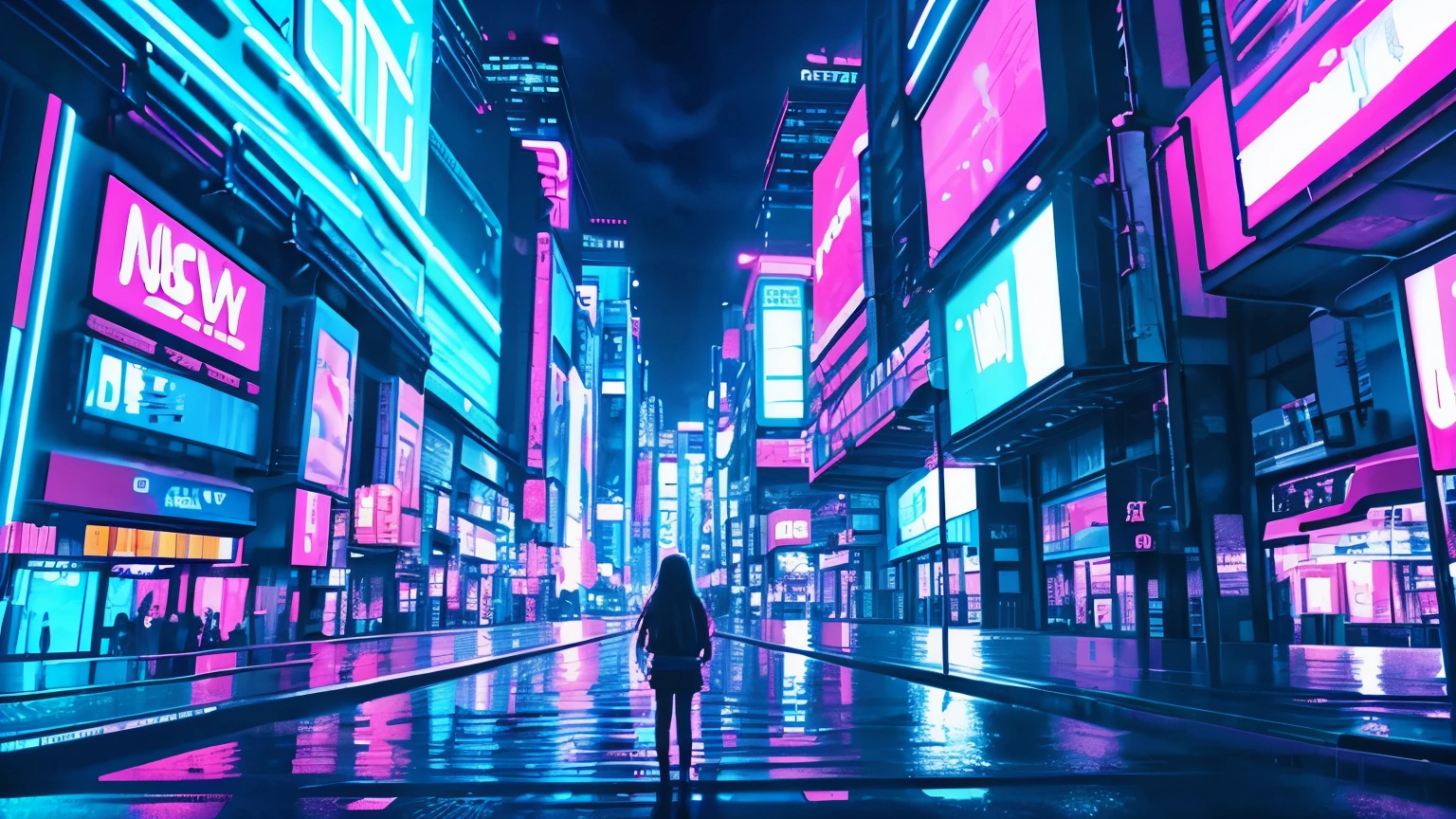 A futuristic and realistic image of a (((big neon wave))) floating in a background filled with neon colors. This scene takes place at night with bright neon lights illuminating the sky. The atmosphere should convey feelings of vibrancy, liveliness, and energy. The neon wave is the main focus of the image. The perspective should be a wide-angle view showing the vastness of the neon wave and the neon-lit sky. This scene takes place in a city with bright neon lights illuminating the sky.