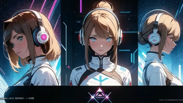 Multiple Views of the same character,Charterner v2, One girl, Slender figure, (Headphones),Brown Hair, Long Hair, blue eyes, same clothes, Concept Art, detailed_face, line_sketch, plan, Official Art, Official Alternative Costumes, Design style, multi style, detailed character, 4_~ side, original, 8K GC, massive detailed, Multiple Views of the same character, character, technical illustration, Multiple Views,masterpiece,highest quality(masterpiece, highest quality), 32k,(非常にdetailedな美しい女性), Poster,SF,Bauhaus, shape, Abstract,movie Poster, Vintage,Retro,Future Anime,The ultimate map,highlight,Headphones,Very detailed glowing eyes,Cleavage,Complex patterns,stylish hairstyle,fluorescence((White clothes)),Starry Sky,cyber punk