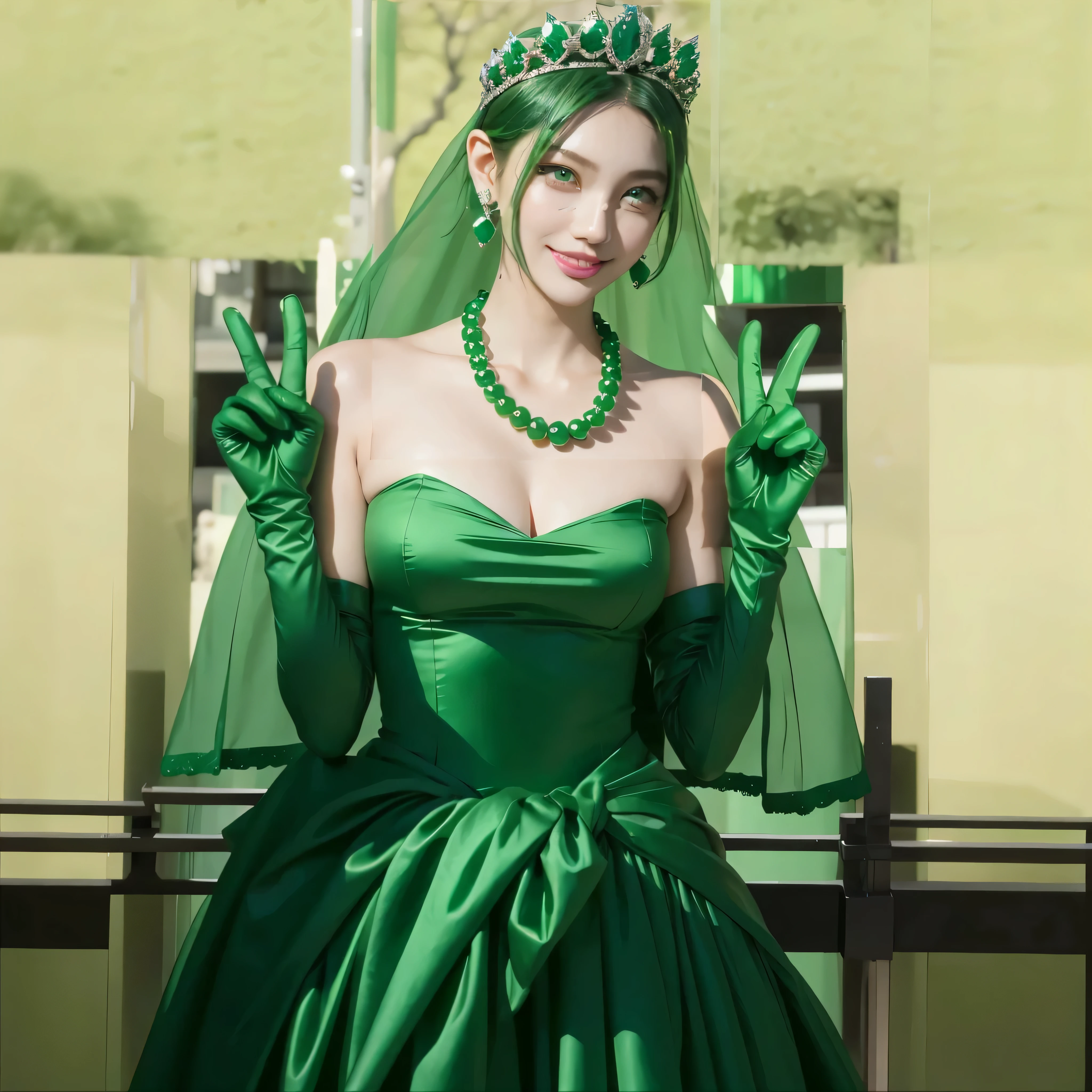 Emerald tiara, Green Pearl Necklace, boyish very short green hair, Green Lips, Smiling Japanese woman, Very short hair, Busty beautiful lady, Green Eyes, Green satin long gloves, Green Eyes, emerald earrings, Green veil, heart with both hands, Green Hair, Beautiful Japanese Women, v sign, green lip gloss