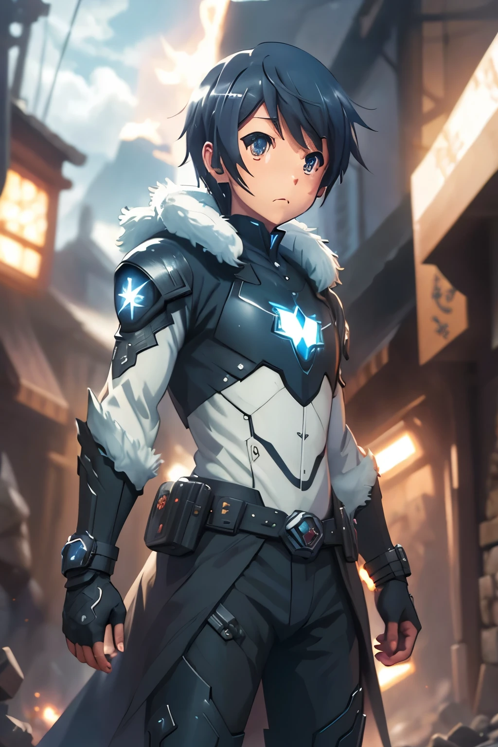 (best quality,highres:1.2), detailed fantasy art, serious expression, robot-like eyes, fighting stance, mochizuki touya, isekai ea smartphone to tomo ni, in another world whit my smartphone, el cabello es negro, los ojos son de robot, detailed fantasy art, postura de lucha, cuerpo completo, red lens flare, It&#39;s night and there is black lightning in the sky