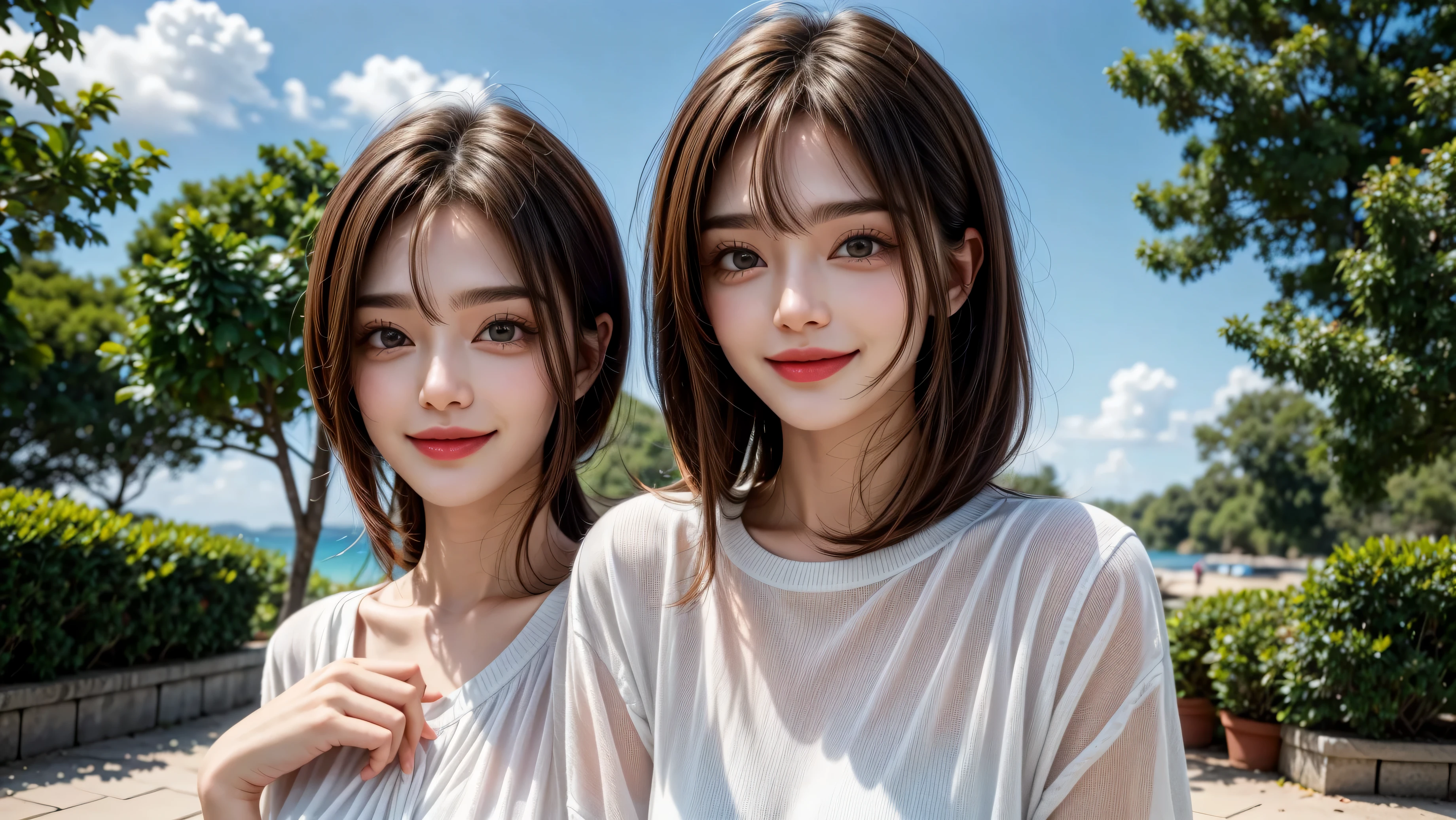 Please keep looking at me、Bright screen、light brown medium bob hair、8K、outdoor、blue sky、Upper body、Photographed alone、40 years old、smile、