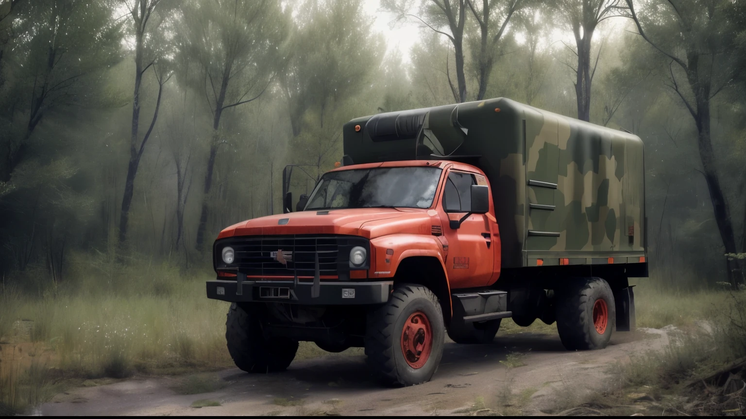 il y a un camion rouge avec un camouflage dessus qui roule sur un chemin de terre, Sergey Krasovski, Sergei Zabelin, Lieutenant Artur Tarnowski, kodakcromo : : 8 mille, full image of the truck , Alexey Egorov, 2 0 1 2, 2012, Photorealistic rendering of'octane 8K, Camion tactique militaire Alejandro Rostov Chevrolet, pneus tout terrain 6x6, camouflage peint en rouge, noir et vert, hyperrealistic photographic image, Complete and total angular panoramic image of the truck