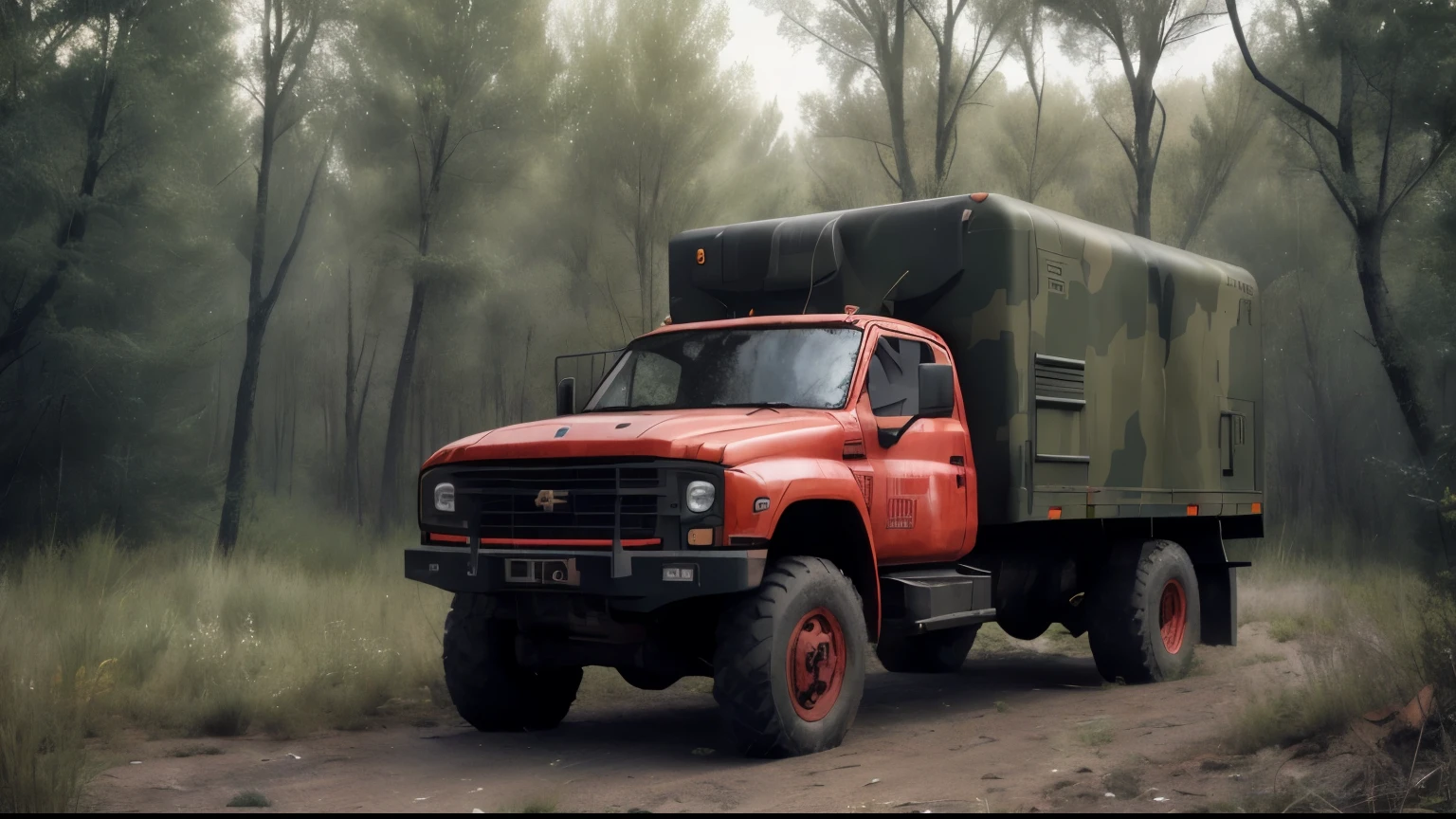 il y a un camion rouge avec un camouflage dessus qui roule sur un chemin de terre, Sergey Krasovski, Sergei Zabelin, Lieutenant Artur Tarnowski, kodakcromo : : 8 mille, full image of the truck , Alexey Egorov, 2 0 1 2, 2012, Photorealistic rendering of'octane 8K, Camion tactique militaire Alejandro Rostov Chevrolet, pneus tout terrain 6x6, camouflage peint en rouge, ???? et vert, hyperrealistic photographic image, Complete and total angular panoramic image of the truck