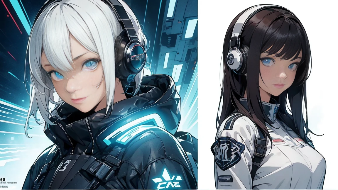 Multiple Views of the same character,Charterner v2, One girl, Slender figure, (Headphones),Brown Hair, Long Hair, blue eyes, same clothes, Concept Art, detailed_face, line_sketch, plan, Official Art, Official Alternative Costumes, Design style, multi style, detailed character, 4_~ side, original, 8K GC, massive detailed, Multiple Views of the same character, character, technical illustration, Multiple Views,masterpiece,highest quality(masterpiece, highest quality), 32k,(非常にdetailedな美しい女性), Poster,SF,Bauhaus, shape, Abstract,movie Poster, Vintage,Retro,Future Anime,The ultimate map,highlight,Headphones,Very detailed glowing eyes,Cleavage,Complex patterns,stylish hairstyle,fluorescence((White clothes)),Starry Sky,cyber punk