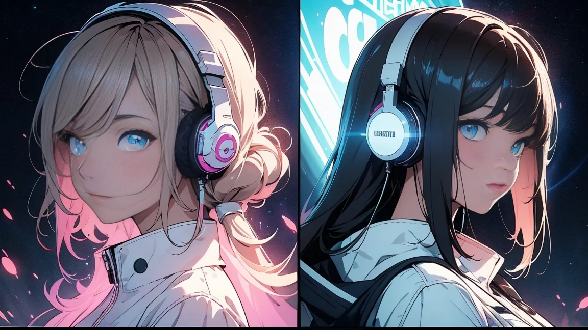 Multiple Views of the same character,Charterner v2, One girl, Slender figure, (Headphones),Brown Hair, Long Hair, blue eyes, same clothes, Concept Art, detailed_face, line_sketch, plan, Official Art, Official Alternative Costumes, Design style, multi style, detailed character, 4_~ side, original, 8K GC, massive detailed, Multiple Views of the same character, character, technical illustration, Multiple Views,masterpiece,highest quality(masterpiece, highest quality), 32k,(非常にdetailedな美しい女性), Poster,SF,Bauhaus, shape, Abstract,movie Poster, Vintage,Retro,Future Anime,The ultimate map,highlight,Headphones,Very detailed glowing eyes,Cleavage,Complex patterns,stylish hairstyle,fluorescence((White clothes)),Starry Sky,cyber punk