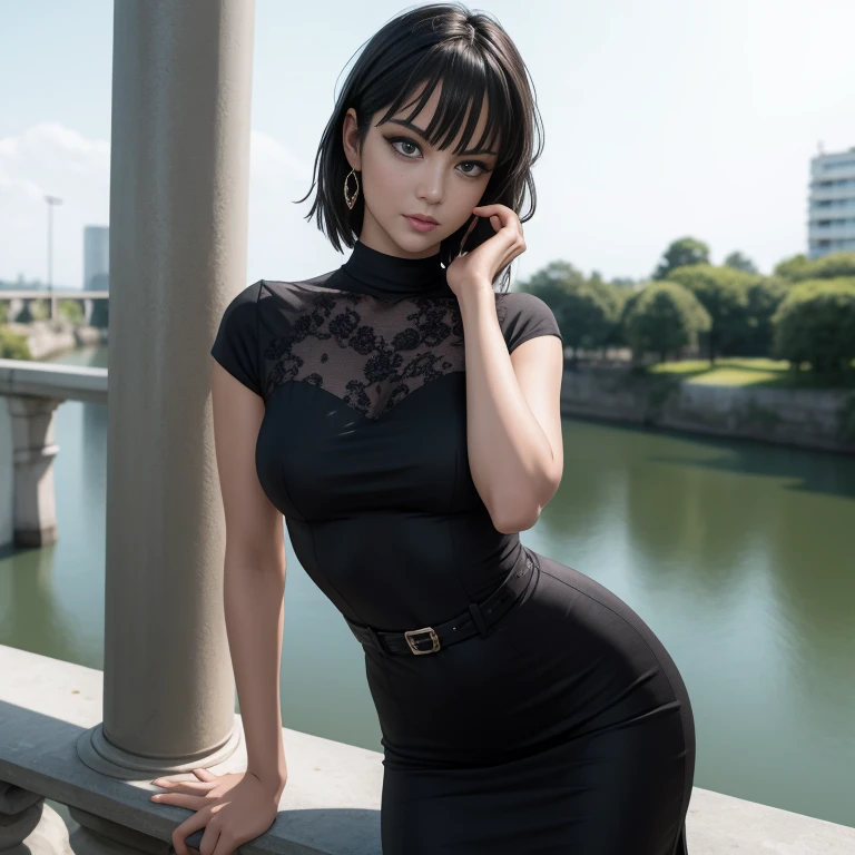 Masterpiece, best quality, detailed face, Fubuki, black hair, black dress, pelvic curtain, posing on a bridge, looking at viewer, neutral face, perfect hands