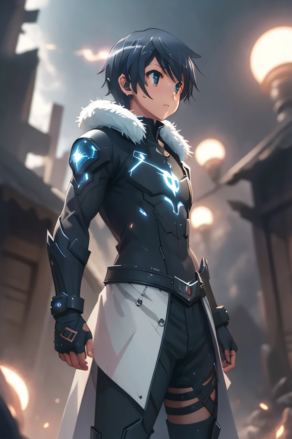 (best quality,highres:1.2), detailed fantasy art, serious expression, robot-like eyes, fighting stance, mochizuki touya, isekai ea smartphone to tomo ni, in another world whit my smartphone, el cabello es negro, los ojos son de robot, detailed fantasy art, postura de lucha, cuerpo completo, red lens flare, It&#39;s night and there is black lightning in the sky