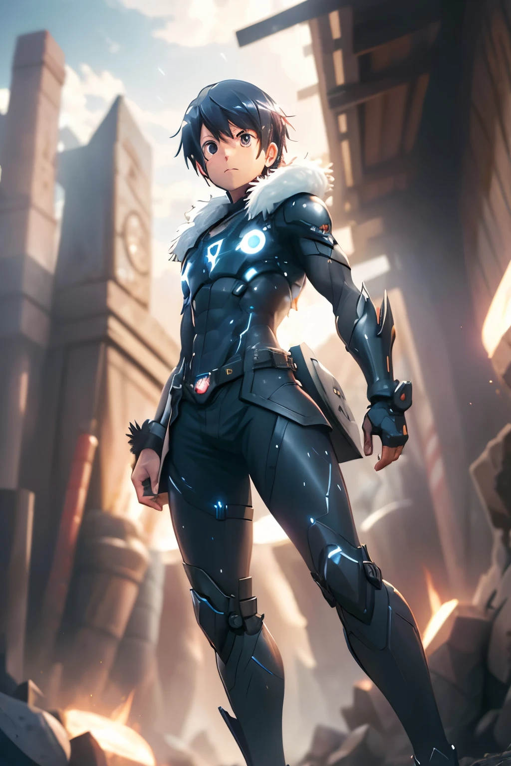 (best quality,highres:1.2), detailed fantasy art, serious expression, robot-like eyes, fighting stance, mochizuki touya, isekai ea smartphone to tomo ni, in another world whit my smartphone, el cabello es negro, los ojos son de robot, detailed fantasy art, postura de lucha, cuerpo completo, red lens flare, It&#39;s night and there is black lightning in the sky