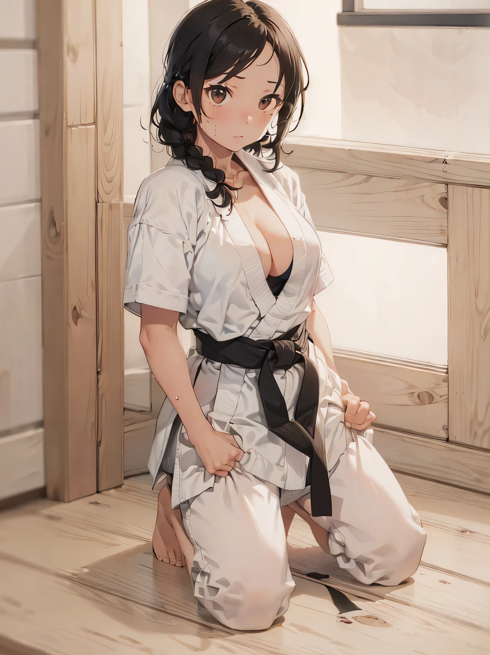 ((highest quality,4K,8k,High resolution,masterpiece:1.2,Ultra-detailed,Realistic,photoRealistic,photo-Realistic:1.37)),(1 female),(((Karate girl))),Perfect Face,(Black belt,Small karate uniform,Short sleeve,barefoot), (Black Hair, twin Braid,Putting out your forehead,Brown eyes,Droopy eyes),(Huge , Large waist,),(brave,Red face),(,from the front,),gym,Focus on the upper body,,(Sweat),full body,Cleavage,Forewing posture,kneeling,seiza