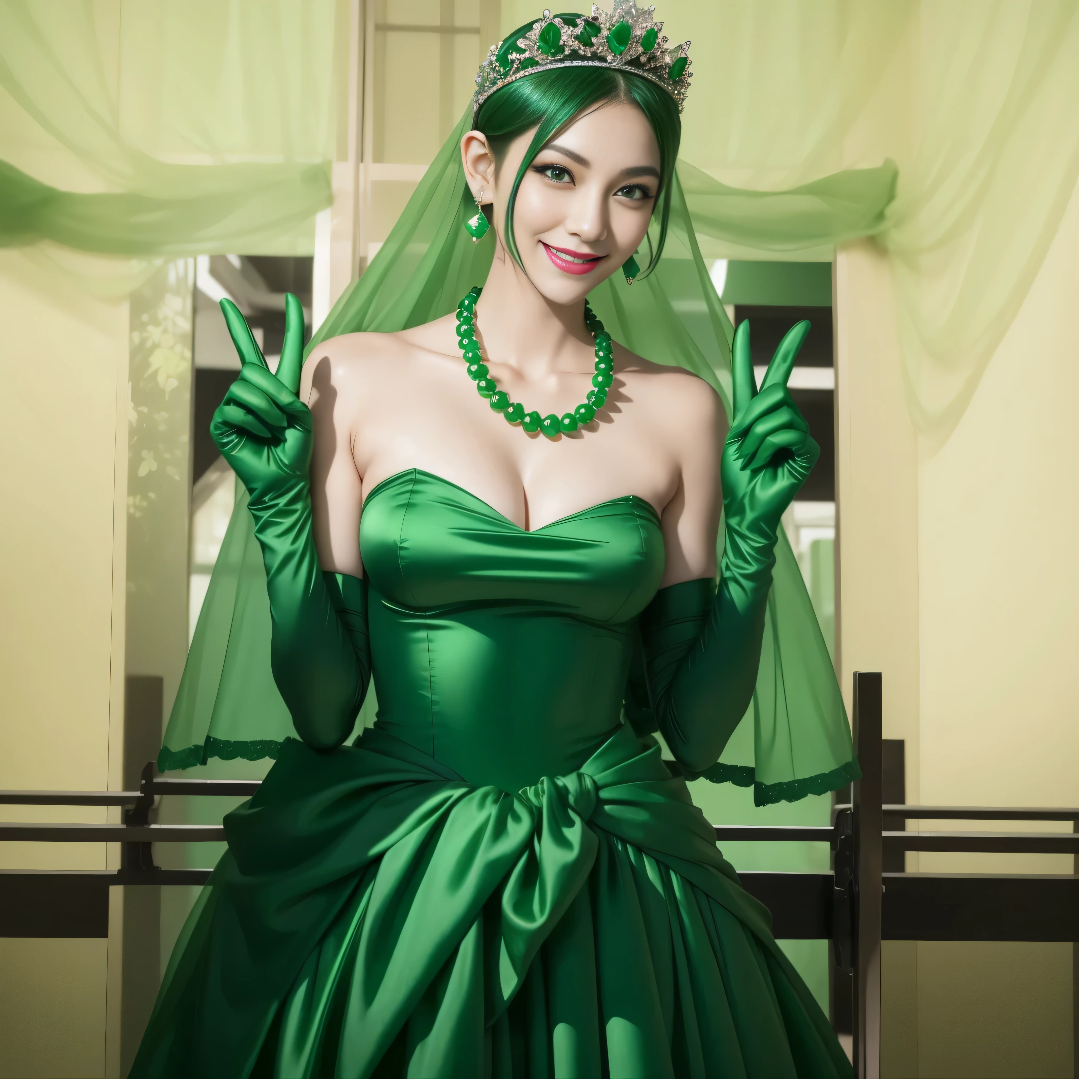 Emerald tiara, Green Pearl Necklace, Boyish very short green hair, lipstick, Smiling Japanese woman, Very short hair, Big tits beautiful, Green Eyes, Long green satin gloves, Green Eyes, v sign, emerald earrings, Green veil
