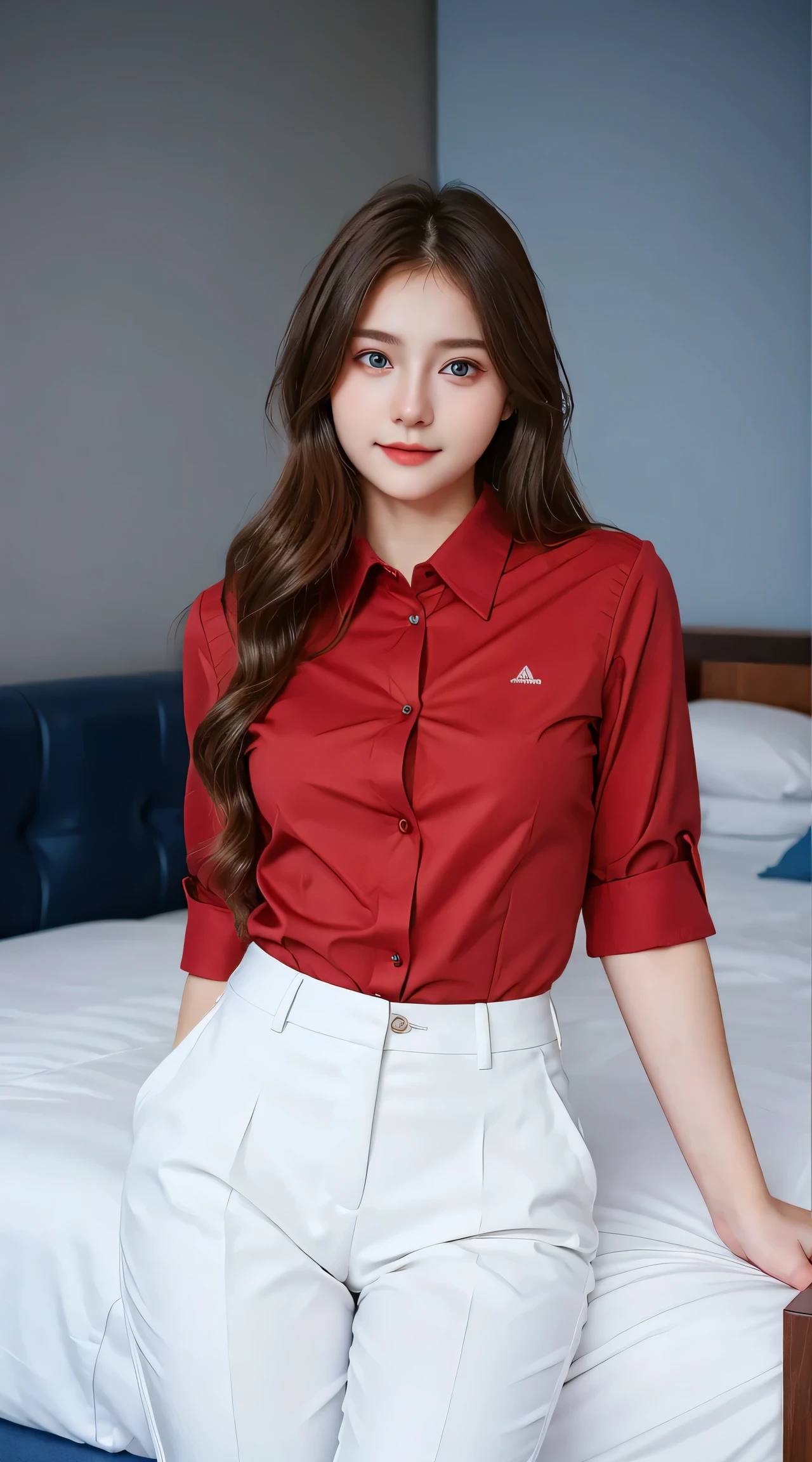 Gorgeus Girl, Beautiful, Baby Face, 20 Years Old, White Skin, Sexy Pose, woman trousers, Blue Eye, Bokeh, bedroom hotel Background, Masterpiece, Fullbody Shot, business suits, long red shirt