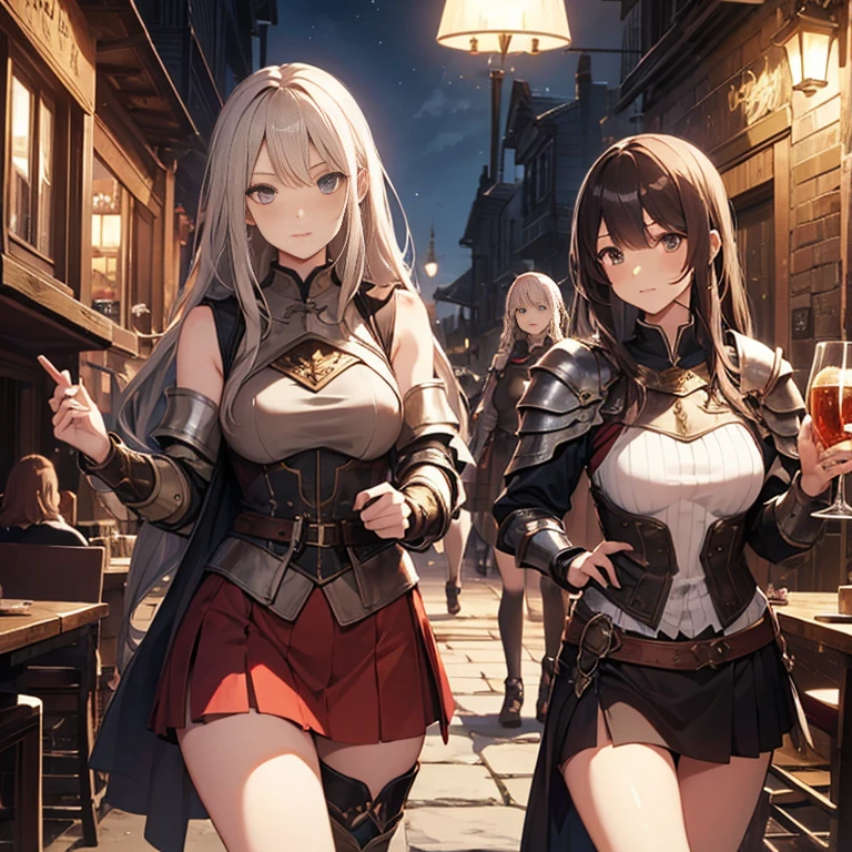 A group of female adventurers set in a medieval fantasy world, (At the pub), Mr.々Hair style, Harem, night, Detailed aspect, Short skirt, Seduce, No sleeve, armor 、showing off panties、Huge Breasts、Big Ass、wide waist width