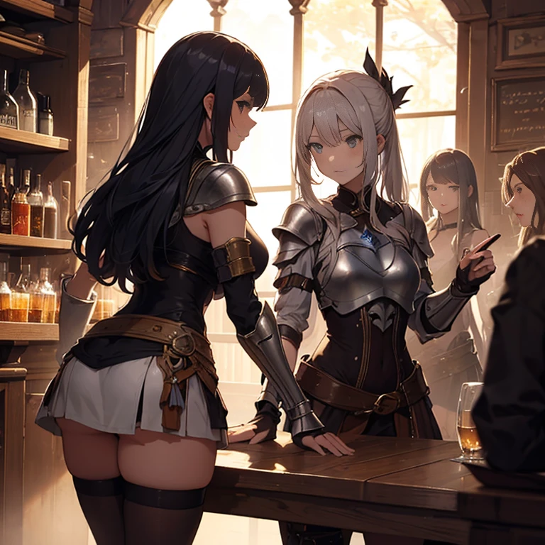 A group of  female medieval fantasy adventurers, (in tavern), various hair styles, harem, night, details face, short skirt, seducing, sleeveless, armor 