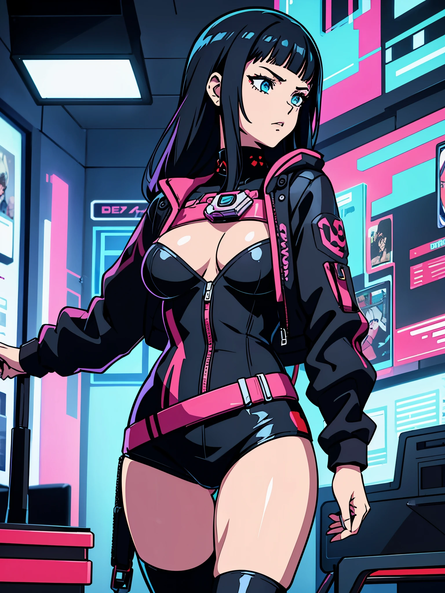 digital art drawing, illustration of (girl with pieces on her skin, cyberpunk 2077), anime drawing/art, bold linework, illustration, digital art, masterpiece, flat illustration, no shadows, black and white, 8k resolution, high detail, vector art, only anime