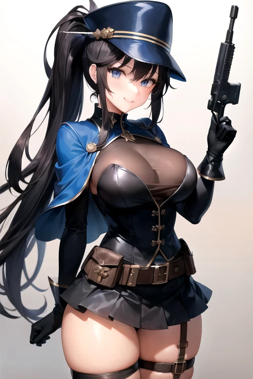 (Masterpiece, 8k, Best Quality, Highly detailed, depth of field:1.4), 1girl, black hair, black pantyhose, blue eyes, blue headwear, breasts, capelet, gloves, flinlock gun, hair between eyes, handgun, hat, hat feather, holding, holding gun, holding weapon, aiming at viewer, large breasts, long hair, looking at viewer, pantyhose, ponytail, revolver, shirt, skirt, solo, standing, thigh strap, weapon, white gloves, (skirt lift:0.8), panties, blush, seductive face, licking lips, sly smile, shy face, questionable, nsfw
