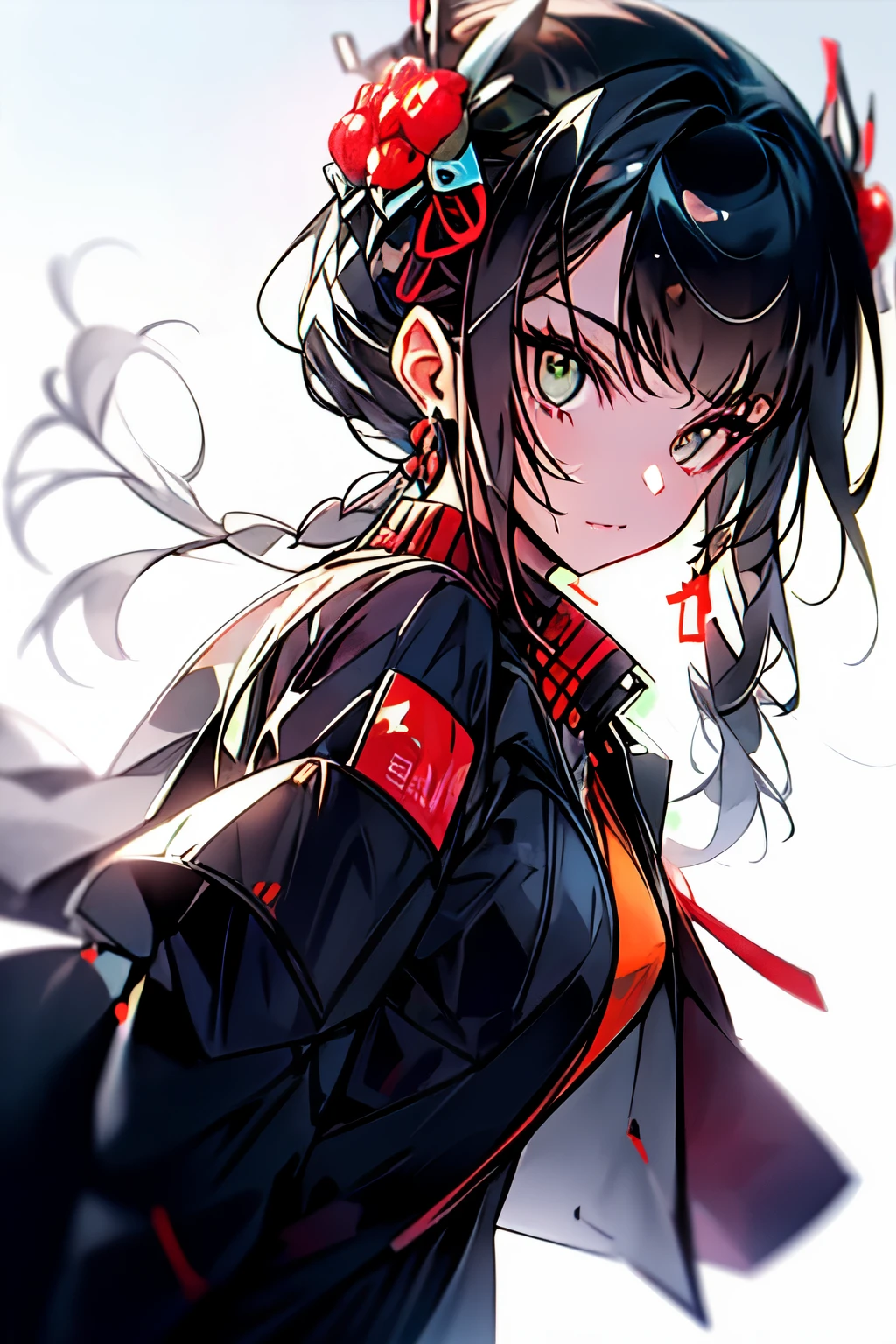 ((best quality)), ((artwork)), (detailed), perfect face thin woman 17 years old, blue eyes, long curly black hair tied in a ponytail, wearing black jeans and a turtleneck sweater. The jacket was a thin black windbreaker, holding an apple