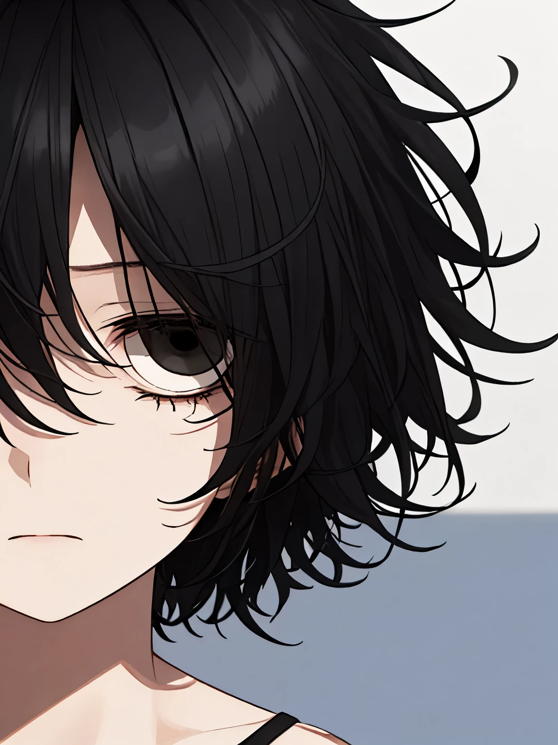 1girl, black hair, messy hair, bedhead, bed hair, short hair, eye bags, close up, looking tired, looking at viewer, standing, hunched over