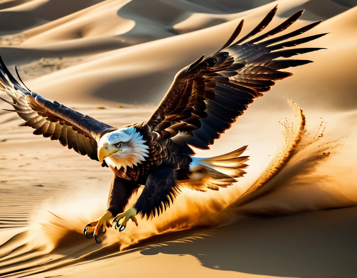 Draw a flying eagle landing on the ground,((Motion Blur,wingの動きにブレを加えて躍動感を表現する)),Wind,(Windのエフェクト),Landing scene,Scene Design,National Geographic,Photographed by a professional photographer,Fujifilm,A great photo capturing the moment of landing,Photorealistic,Intricate details,masterpiece,Beautiful light and shadow,Very realistic texture,wing,Anatomically correct,Ultra-realistic Eagle,Flying sand,halation,Carefully crafted down to the tips of the eagle&#39;s feet,