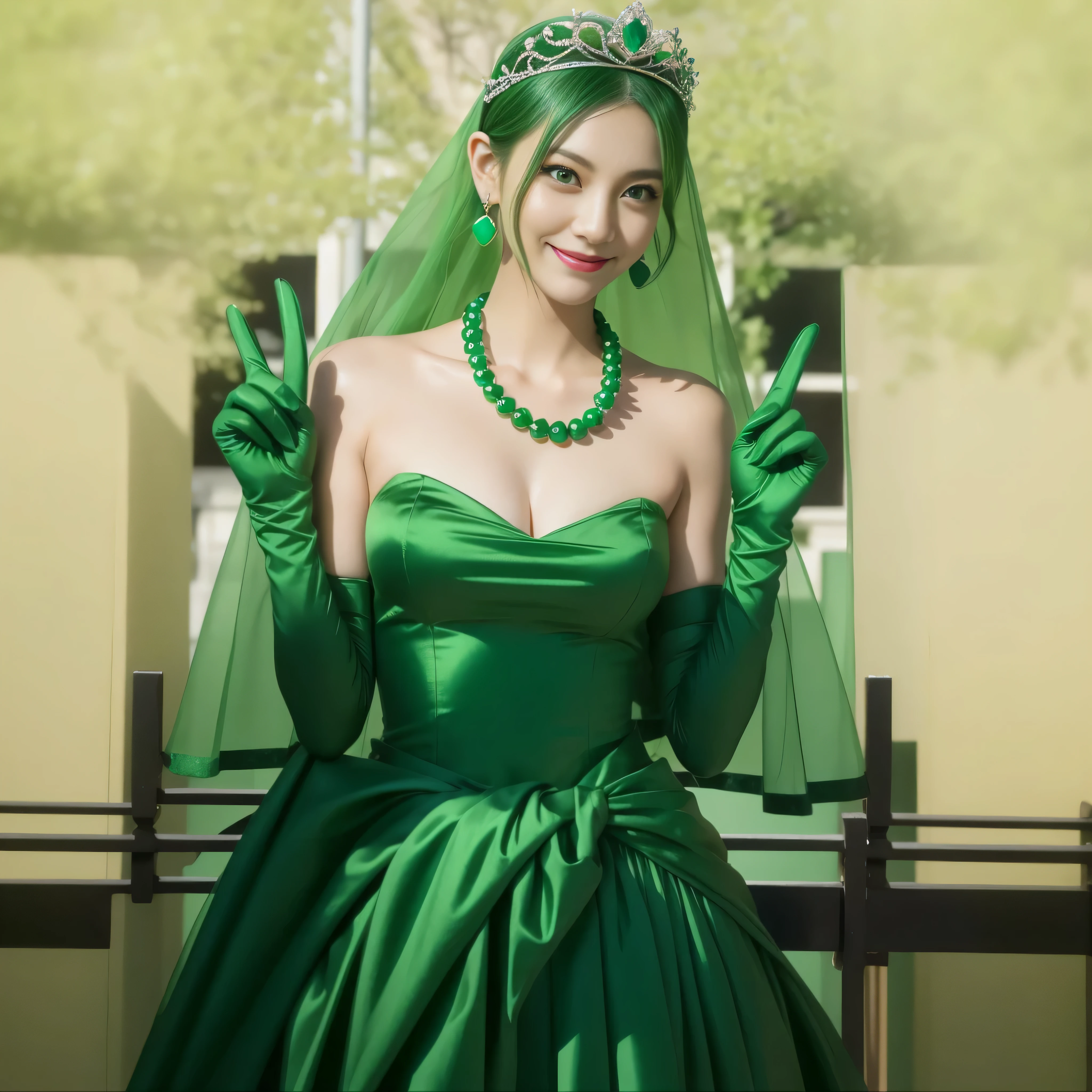 Emerald tiara, Green Pearl Necklace, boyish very short green hair, Green Lips, Smiling Japanese woman, Very short hair, Busty beautiful lady, Green Eyes, Green satin long gloves, Green Eyes, emerald earrings, Green veil, heart with both hands, Green Hair, Beautiful Japanese Women, v sign, green lip gloss
