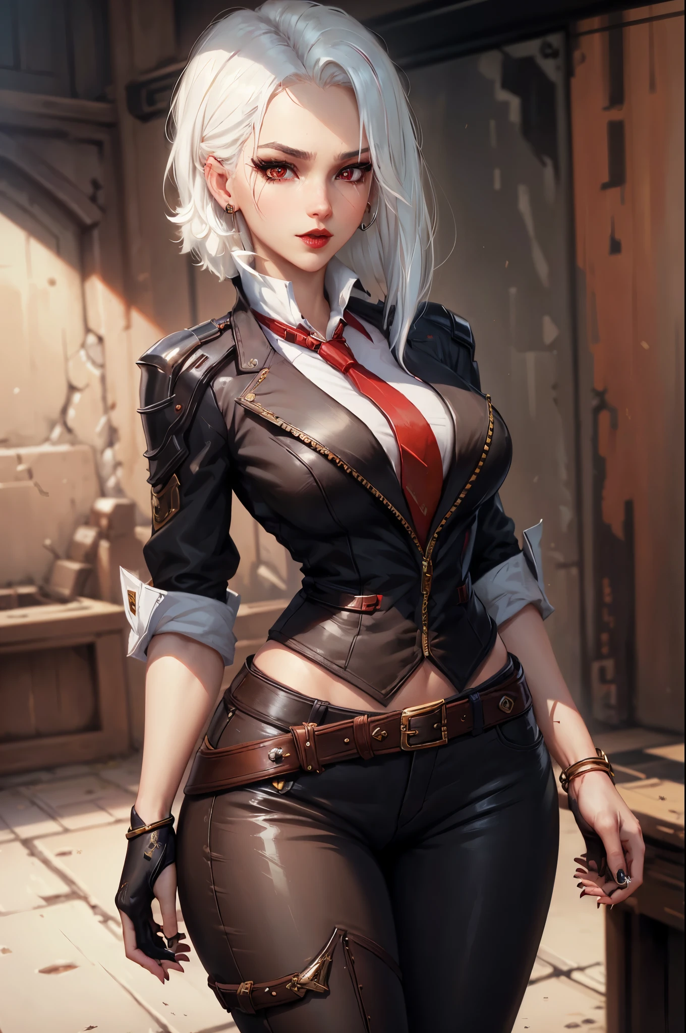 (masterpiece, best quality:1.2), expressive eyes, perfect face, highres, 1girl, solo, AsheOver, mole, earrings, red eyes, white hair,  medium hair, jewelry, makeup, lipstick, necktie, red necktie, thigh strap, black gloves, belt, stud earrings, red lips, shirt, pants, lips, eyeshadow, standing, upper body, looking at the viewer