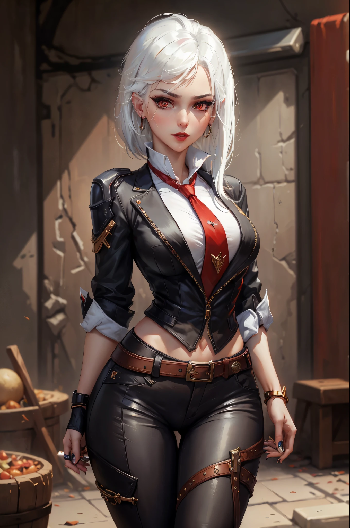 (masterpiece, best quality:1.2), expressive eyes, perfect face, highres, 1girl, solo, AsheOver, mole, earrings, red eyes, white hair,  medium hair, jewelry, makeup, lipstick, necktie, red necktie, thigh strap, black gloves, belt, stud earrings, red lips, shirt, pants, lips, eyeshadow, standing, upper body, looking at the viewer