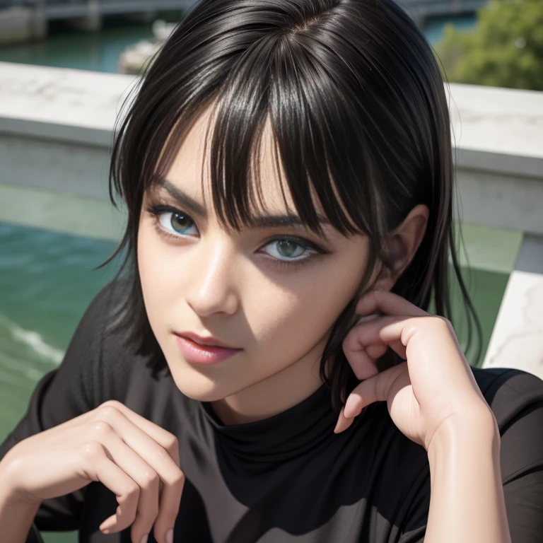 Masterpiece, best quality, detailed face, Fubuki, black hair, black dress, pelvic curtain, posing on a bridge, looking at viewer, neutral face, perfect hands