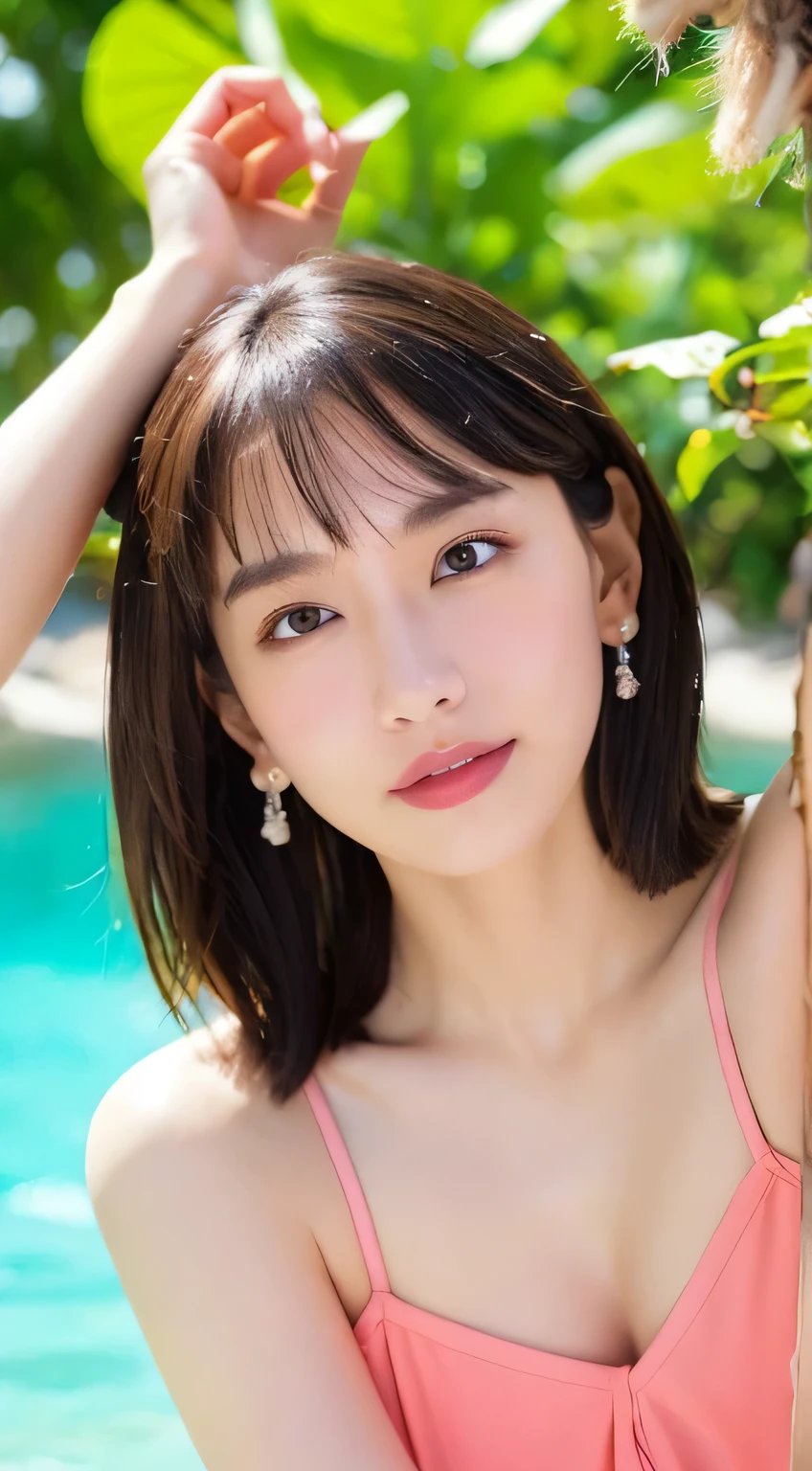 ((Realistic lighting、highest quality、8k、masterpiece:1.3))、Clear focus:1.2、One Girl、Perfect figure:1.4、Slim Abs:1.1、((Dark brown hair))、(outside of home、night:1.1)、street、Very beautiful face、I narrowed my eyes.、double eyelid、don't expose your skin,
Supple body :1.3, Model Body Type:1.5, Perfect Style:1.4,
Narrow shoulders, Beautiful clavicle, Thin arms, Long, slender legs, No bra,
Slender figure, The beauty of slim abs :1.2, Thin waist :1.2,
Ultra-detailed skin, Fair skin, Glossy Skin, Ultra detailed face,
Slim face contour, beautiful small face, Beautiful lined nose,
Ultra-detailed eyes, Slit eyes, Brown eyes, double eyelid, Ultra-thin eyebrows, fine long eyelashes,
Ultra-detailed lips, Plump and moisturized lips, glossy pink lips, Flushed Cheeks, ((White beautiful teeth)),
Beautiful actress's ennui makeup, pink lipstick,
Dark Brown Hair, Delicate soft hair, Hair blowing in the wind,
(Put your hair up, Medium Short Hair, ponytail:1.2),
Layered Cut, (Blunt bangs:1.2),
Cute smile, Mouth half open, A dreamy look, ((Staring at the viewer)),
(((Photorealism,Shoot the whole body from the thighs:1.2))), ((The body is facing sideways)),
Dynamic Lighting,
(Dress up in a gorgeous fluorescent red embroidered nightgown:1.2),
((Gorgeous Earrings, Silver Necklace)),
Eco and bright background,
((Raise your face slightly)),
((Kiss the viewer:1.2)),
((Squinting)),
((pursing lips:1.2)),
((Fingers touching lips)),
((Blushing)),
((The cleavage is fluffy)),
((Flat Chest)),
((Small, swollen, moist nipples:1.4)),
((Fingers stroking nipples:1.2)),
((Beautiful small pink areola)),
((Pay attention to the nipples:1.4)),
((Put your arms out beside your face:1.2)),
((The crystal clear waters of a tropical resort, Immerse yourself in water up to your waist:1.2)),
The midsummer sun shines on the whole,