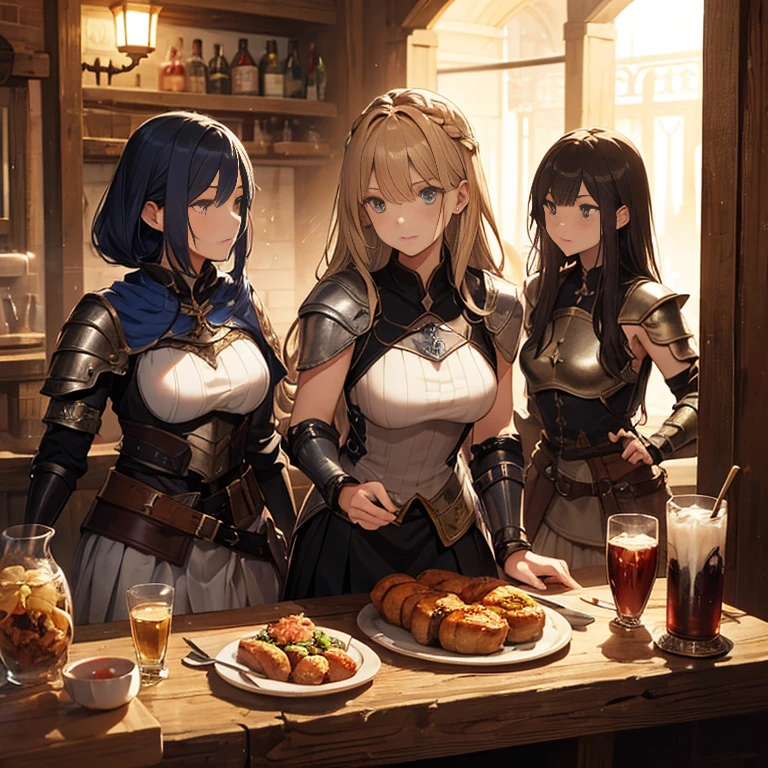 A group of female knights, (in dungeon), various hair styles, metal armor, harem, trousers, seducing