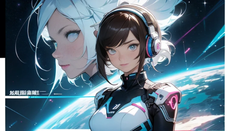 4K,UltraSharp,Multiple Views of the same character,Charterner v2, One girl, Slender figure, (Headphones),Brown Hair, Long Hair, blue eyes, same clothes, Concept Art, detailed_face, line_sketch, plan, Official Art, Official Alternative Costumes, Design style, multi style, detailed character, 4_~ side, original, 8K GC, massive detailed, Multiple Views of the same character, character, technical illustration, Multiple Views,masterpiece,highest quality(masterpiece, highest quality), 32k,(非常にdetailedな美しい女性), Poster,SF,Bauhaus, shape, Abstract,movie Poster, Vintage,Retro,Future Anime,The ultimate map,highlight,Headphones,Very detailed glowing eyes,Cleavage,Complex patterns,stylish hairstyle,fluorescence((White clothes)),Starry Sky,cyber punk