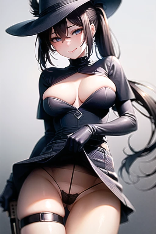 (Masterpiece, 8k, Best Quality, Highly detailed, depth of field:1.4), 1girl, black hair, black pantyhose, blue eyes, blue headwear, breasts, capelet, gloves, flinlock gun, hair between eyes, handgun, hat, hat feather, holding, holding gun, holding weapon, aiming at viewer, large breasts, long hair, looking at viewer, pantyhose, ponytail, revolver, shirt, skirt, solo, standing, thigh strap, weapon, white gloves, (skirt lift:0.8), panties, blush, seductive face, licking lips, sly smile, shy face, questionable, nsfw