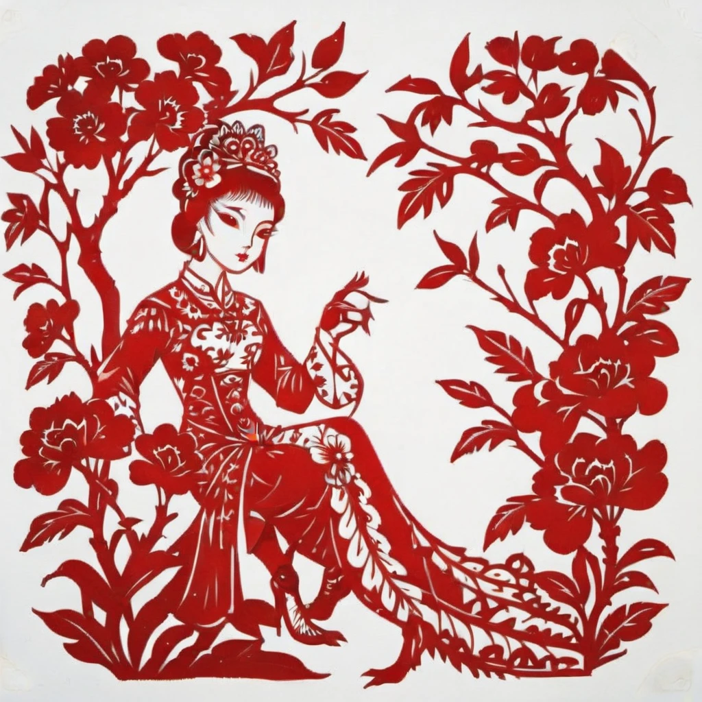 This image is a traditional Chinese paper cutting, Mainly red and white. The princess, Finely rendered, Delicate cut, Stand in lush gardens. Her hairstyle is gorgeous, With floral motif, Her outfit is decorated with intricate patterns., Symbolizes nobility. The garden around her is a masterpiece of paper cutting., Featuring a variety of flowers, leaf, And maybe a peacock or two, Elaborate down to the smallest detail. The red of the princess's outfit contrasts vividly with the white background, Imbues the entire scene with a sense of elegance and tranquility,