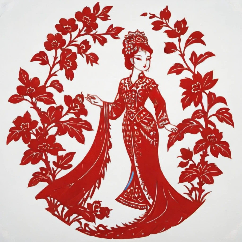 This image is a traditional Chinese paper cutting, Mainly red and white. The princess, Finely rendered, Delicate cut, Stand in lush gardens. Her hairstyle is gorgeous, With floral motif, Her outfit is decorated with intricate patterns., Symbolizes nobility. The garden around her is a masterpiece of paper cutting., Featuring a variety of flowers, leaf, And maybe a peacock or two, Elaborate down to the smallest detail. The red of the princess's outfit contrasts vividly with the white background, Imbues the entire scene with a sense of elegance and tranquility,
