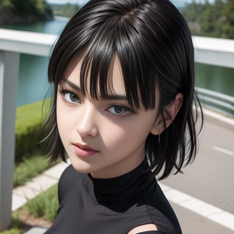 Masterpiece, best quality, detailed face, Fubuki, black hair, black dress, pelvic curtain, posing on a bridge, looking at viewer, neutral face,  