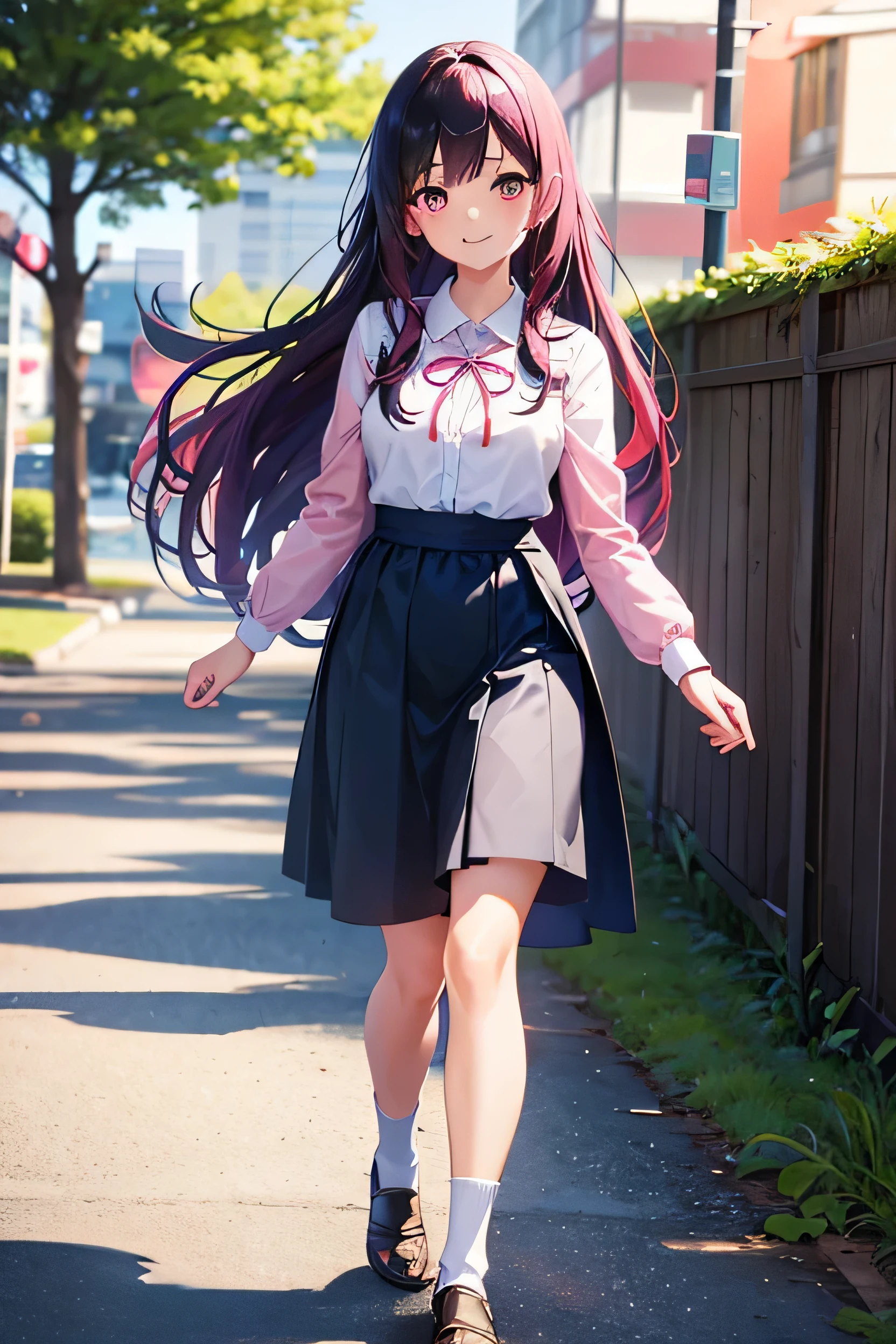 quality image, detail, detailing, 1 girl, smile, pink hair, long hair with red ribbon, happy smile,wearing casual long dress, denim, expressionless eyes, full body portrait, detail air, walking spring, hand pose, smile laughing, anime girl with long black hair and white shirt and bags, beautiful anime high school girl walking on the spring smooth anime CG art, young anime girl, anime visual of cute girl, guvez style artwork, portrait of anime girl, attractive anime girl, girl front style, long hair anime girl, portrait anime girl, anime girl