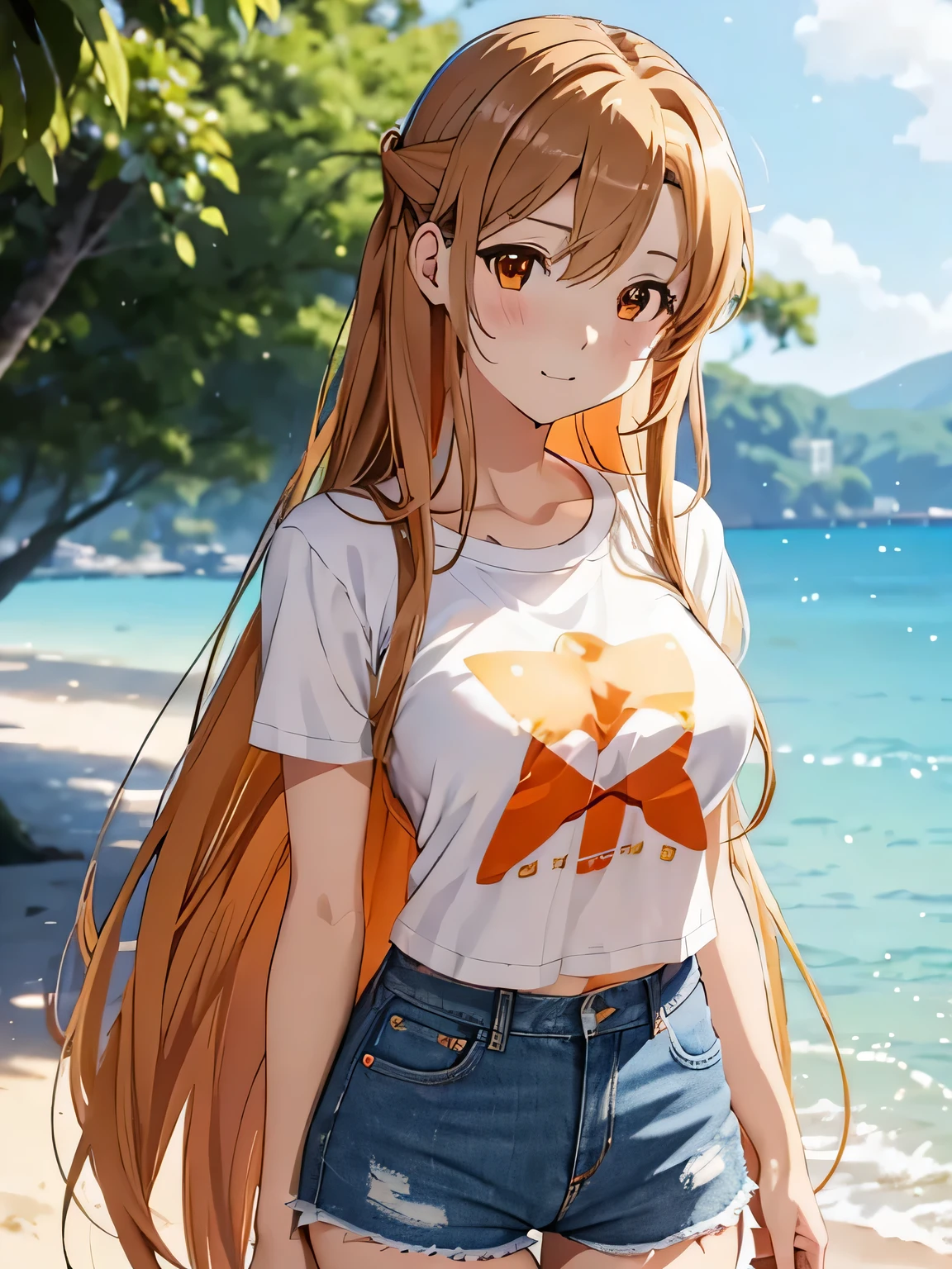 ((masterpiece)), ((highest quality)), (Very detailedな), ((cute)), cute, (Lovely), ((sexy)), (device), ((Very detailed)), 4K, (8k), highest quality, (beautiful), Anime Style, Upper Body, Thick outline, Clear contours, Full Body Focus, Beach, (((Asuna, star))), ((T-Shirts, Denim Ultra Shorts)), ((beautiful orange eyes)), big breasts, Shine, Shine