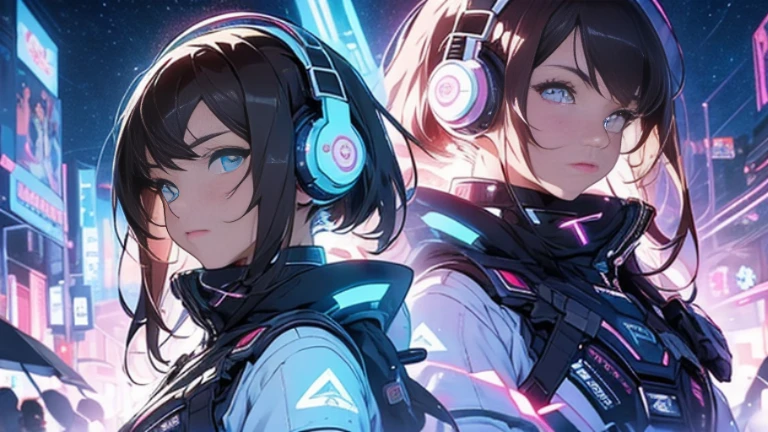 4K,UltraSharp,Multiple Views of the same character,Charterner v2, One girl, Slender figure, (Headphones),Brown Hair, Long Hair, blue eyes, same clothes, Concept Art, detailed_face, line_sketch, plan, Official Art, Official Alternative Costumes, Design style, multi style, detailed character, 4_~ side, original, 8K GC, massive detailed, Multiple Views of the same character, character, technical illustration, Multiple Views,masterpiece,highest quality(masterpiece, highest quality), 32k,(非常にdetailedな美しい女性), Poster,SF,Bauhaus, shape, Abstract,movie Poster, Vintage,Retro,Future Anime,The ultimate map,highlight,Headphones,Very detailed glowing eyes,Cleavage,Complex patterns,stylish hairstyle,fluorescence((White clothes)),Starry Sky,cyber punk