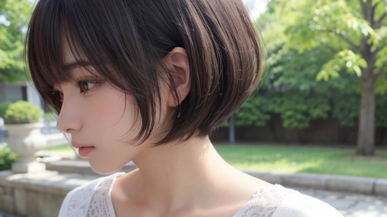 (Bob Cut Hair, profile:1.2),(wear a blouse:1.2),1 girl,Japanese,21 years old,(Small breasts:1.3),(highest quality,masterpiece:1.3,超A high resolution,),(Very detailed,Caustics),(Photorealistic:1.4,RAW shooting,)Ultra-Realistic Capture,Very detailed,High resolution 16K human skin closeup。 Natural skin texture、,Pores、、、、、、、、、It must be detailed enough to be easily identifiable。 Skin tone is even and healthy looking。 Use natural light and color, Sad expression, Looking at the camera, Perfect dynamic composition, Outdoor